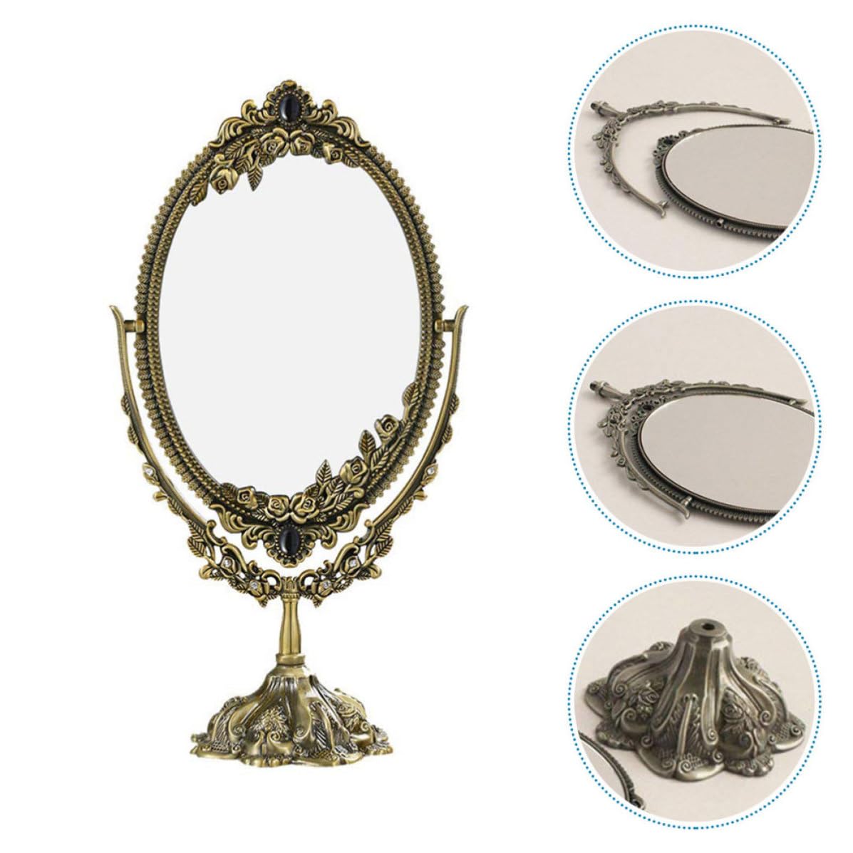 Retro Spiegel aus Metall mit Stabilem Standfuß und Filigranem Design Doppelseitiger Schminkspiegel für Makeup und Rasur Eleganter Tischspiegel mit Glasoberfläche