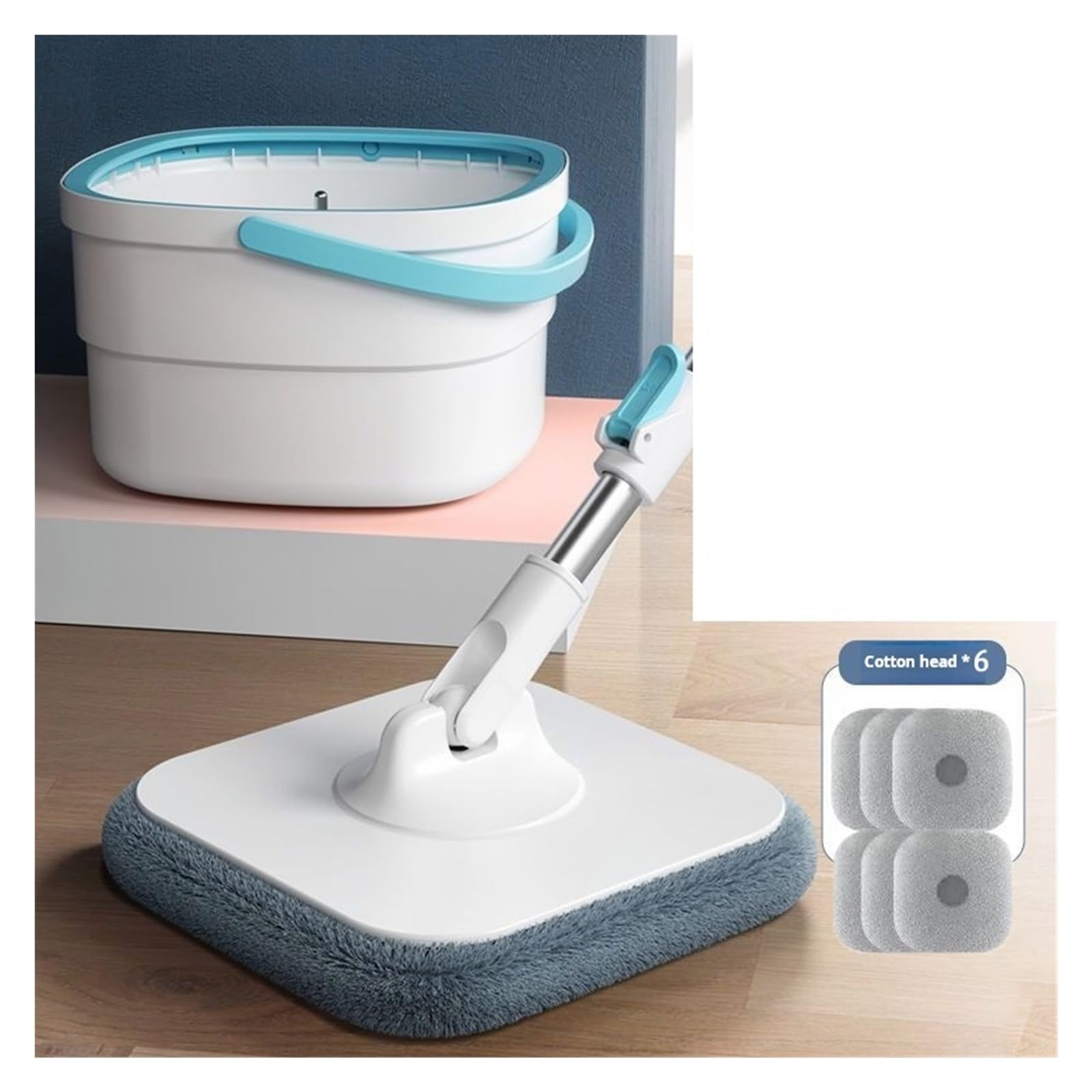 Trapeador giratorio de 360 ​​grados con cubo, trapeador giratorio cuadrado de microfibra con separación automática de aguas residuales, trapeador de limpieza for pisos planos del hogar(360Mop-6ps set
