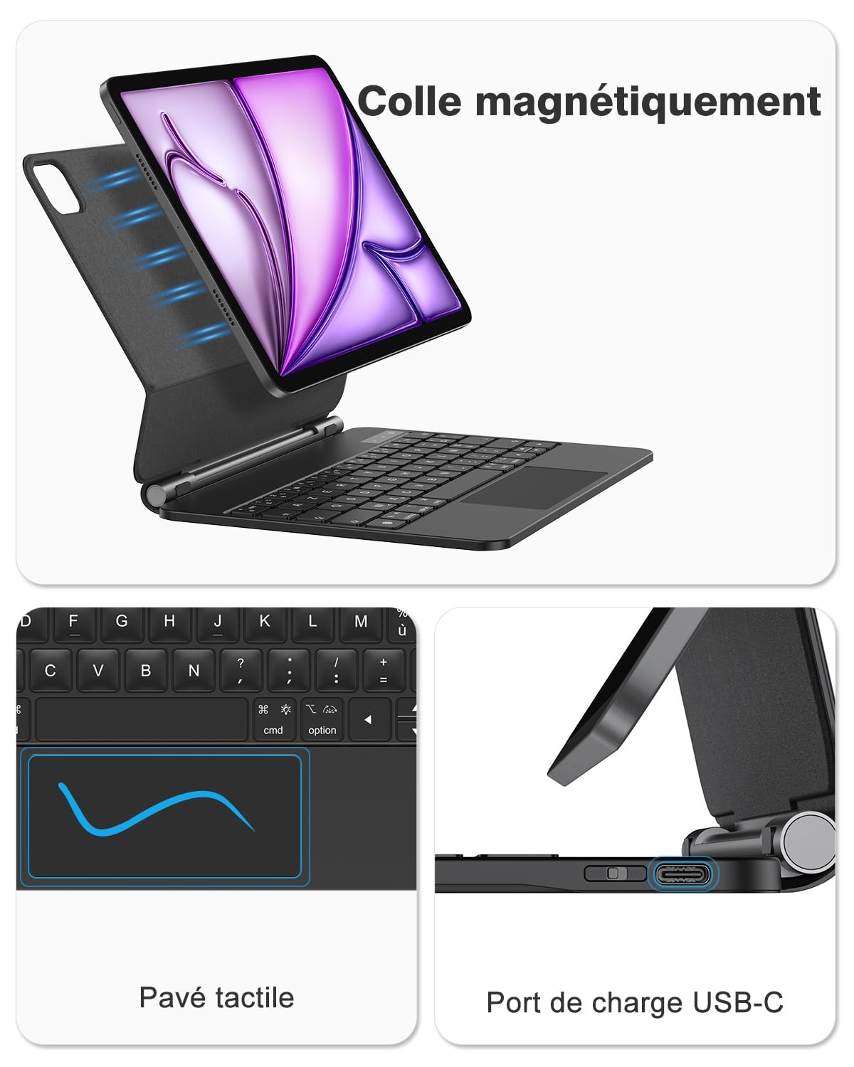 TECURS Étui Clavier Magnétique pour iPad Air 11" (M4/M3/M2, 2026/2025/2024)/ Air 5 2022/ Pro 11" (4/3/2/1 Gen) Air 4 2020 Multi-Touch, Support flottant à cantilever, rétroéclairage blanc, AZERTY, Noir