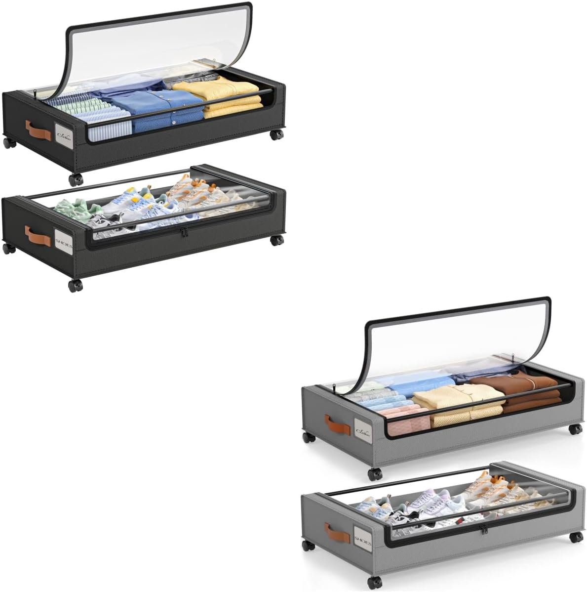 LAMU Under Bed Storage with Wheels 2 Pack, Under Bed Storage Containers with Clear Lid & PU Leather Handle, 6.7 Inches Height Rolling Underbed Drawer Organizer Bins for Clothes, Shoes, Blankets