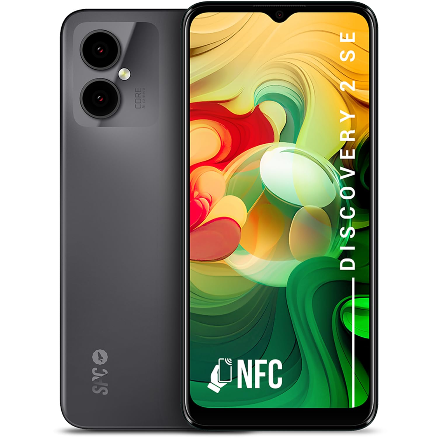 SPC Discovery 2 SE – 4+64GB Smartphone mit 6,5" HD+ Display, NFC, Fingerabdruck- und Gesichtsentsperrung, 4G, Dual 13+2MP Kamera, 4500 mAh Akku mit Umkehraufladung und Android 13 – Farbe Dark Matter