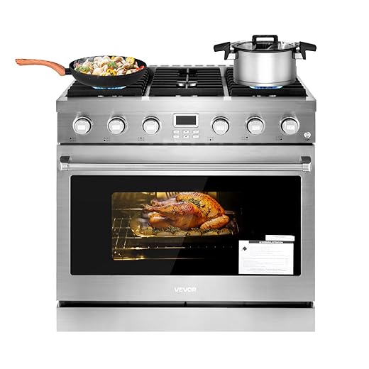 VEVOR Gas Range Oven, 36 Inches Width, Freestanding Stainless Steel Stove and Oven with 6 Sealed Cooktop Burners, Easy Reach Racks, Halogen Light, 6.0 Cu. Ft. Capacity, for Home Apartment Kitchen