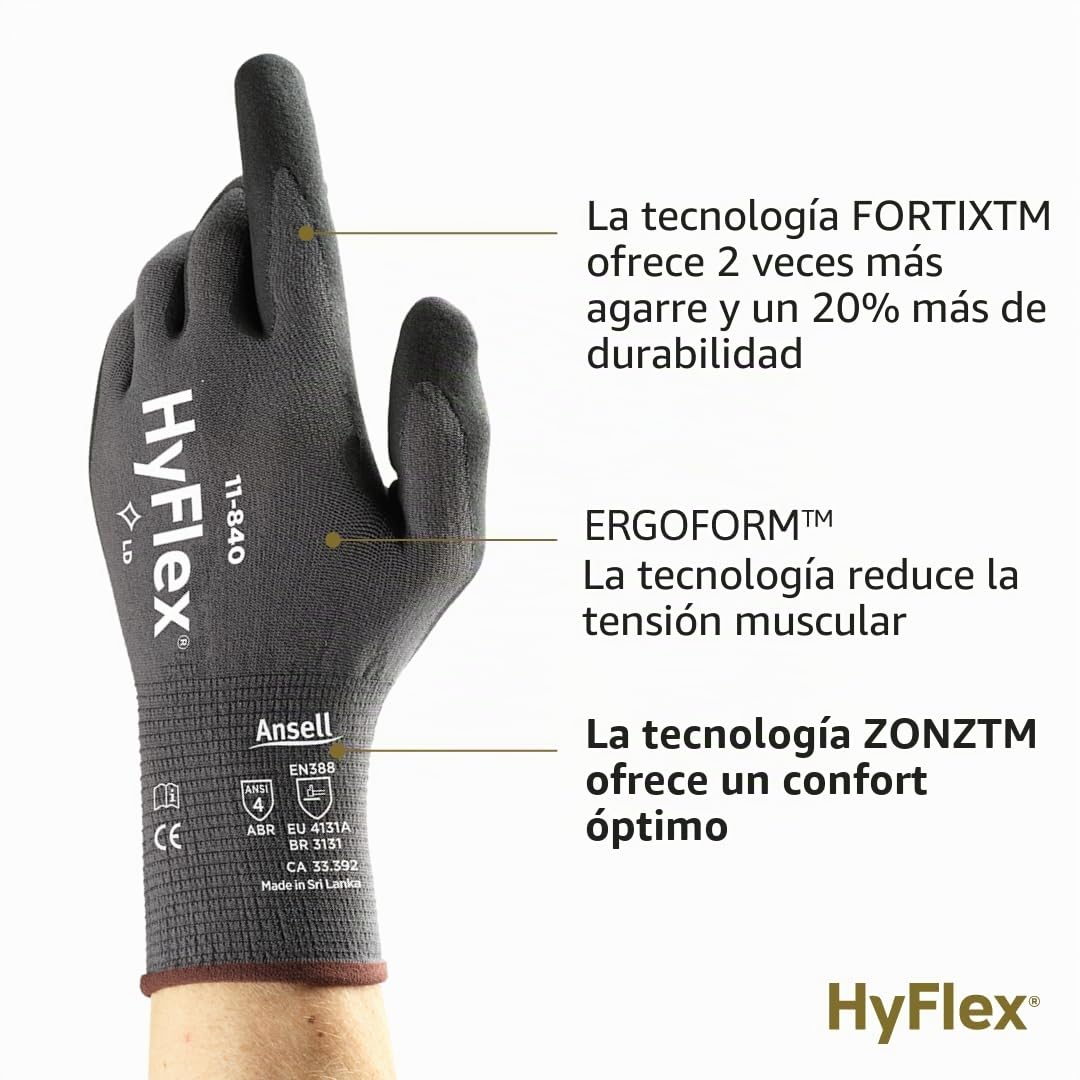 Ansell HyFlex 11-840, Guantes de Trabajo Profesionales, Recubrimiento de Nitrilo Resistente a la Abrasión, Guantes Negros Industriales, Guantes Mecanico, Guantes Nitrilo Talla 2XL, Caja de 12 Pares