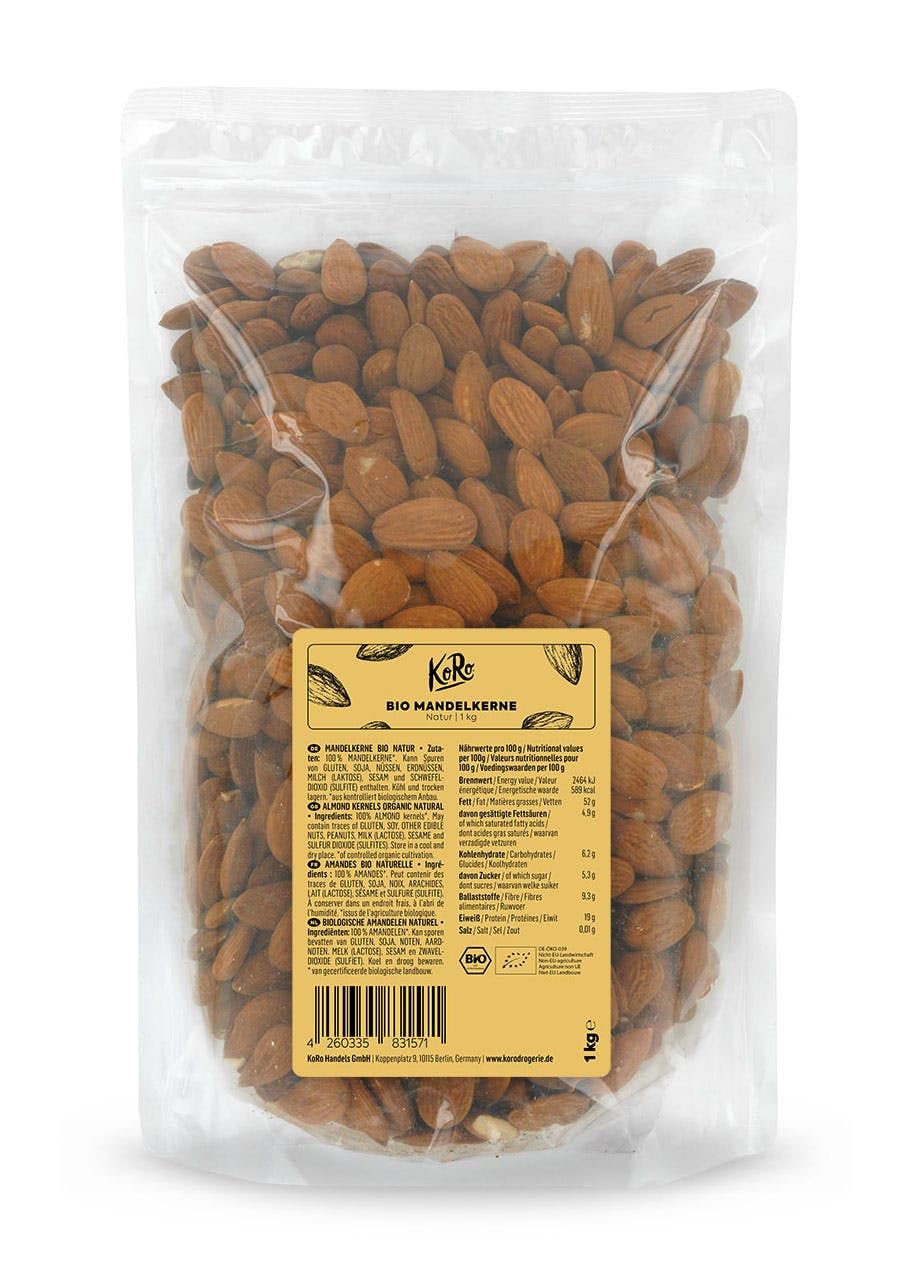 KoRo - Mandorle intere bio 1 kg - mandorle sgusciate biologiche e senza additivi, fonte di proteine vegetali, ideali come snack, per muesli, dolci e ricette salate