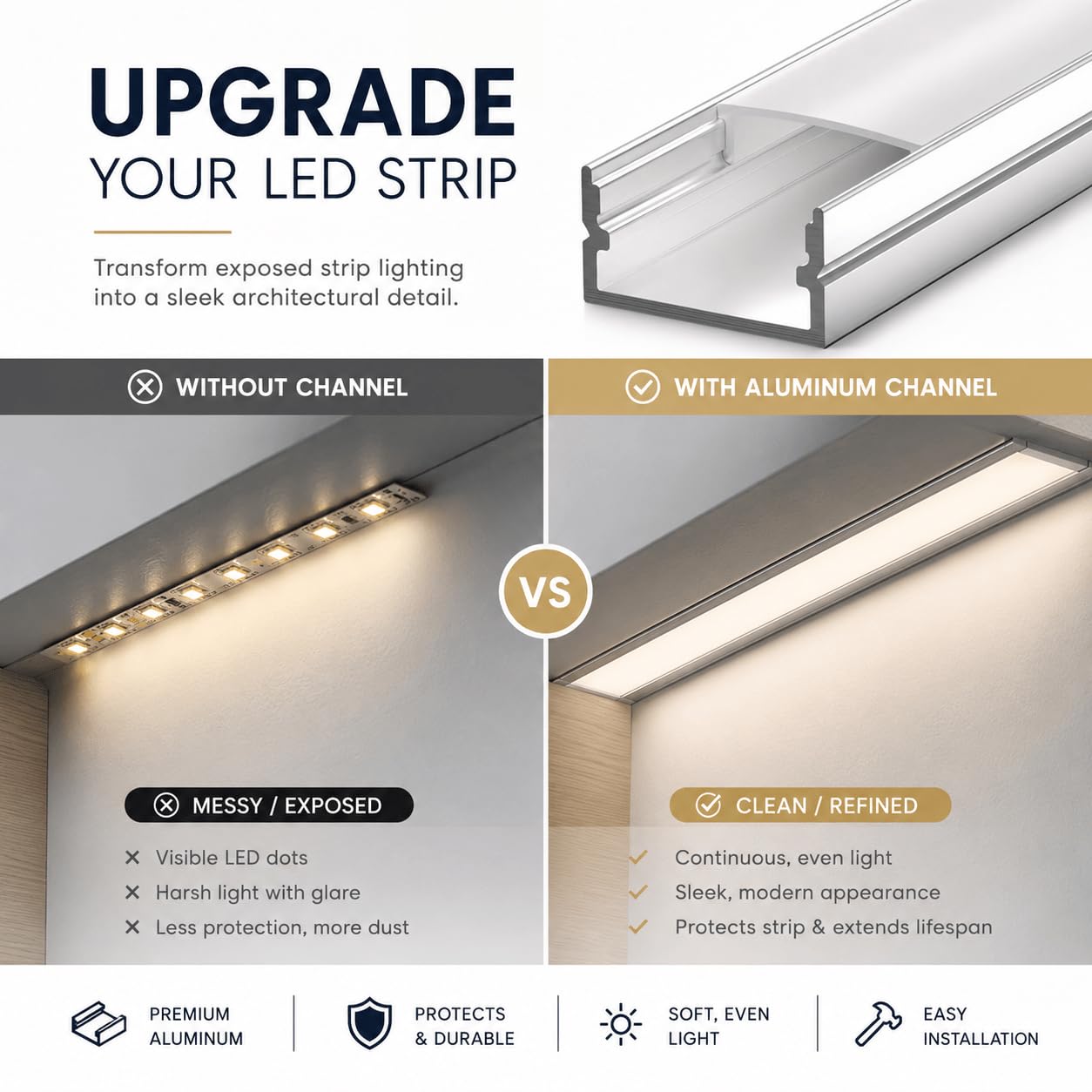 Striscia luminosa LED in alluminio a forma di U, 2 metri x 5 pezzi, bianca, ideale per la decorazione domestica, con chiodi, pannello da appendere, viti e tubo espansivo