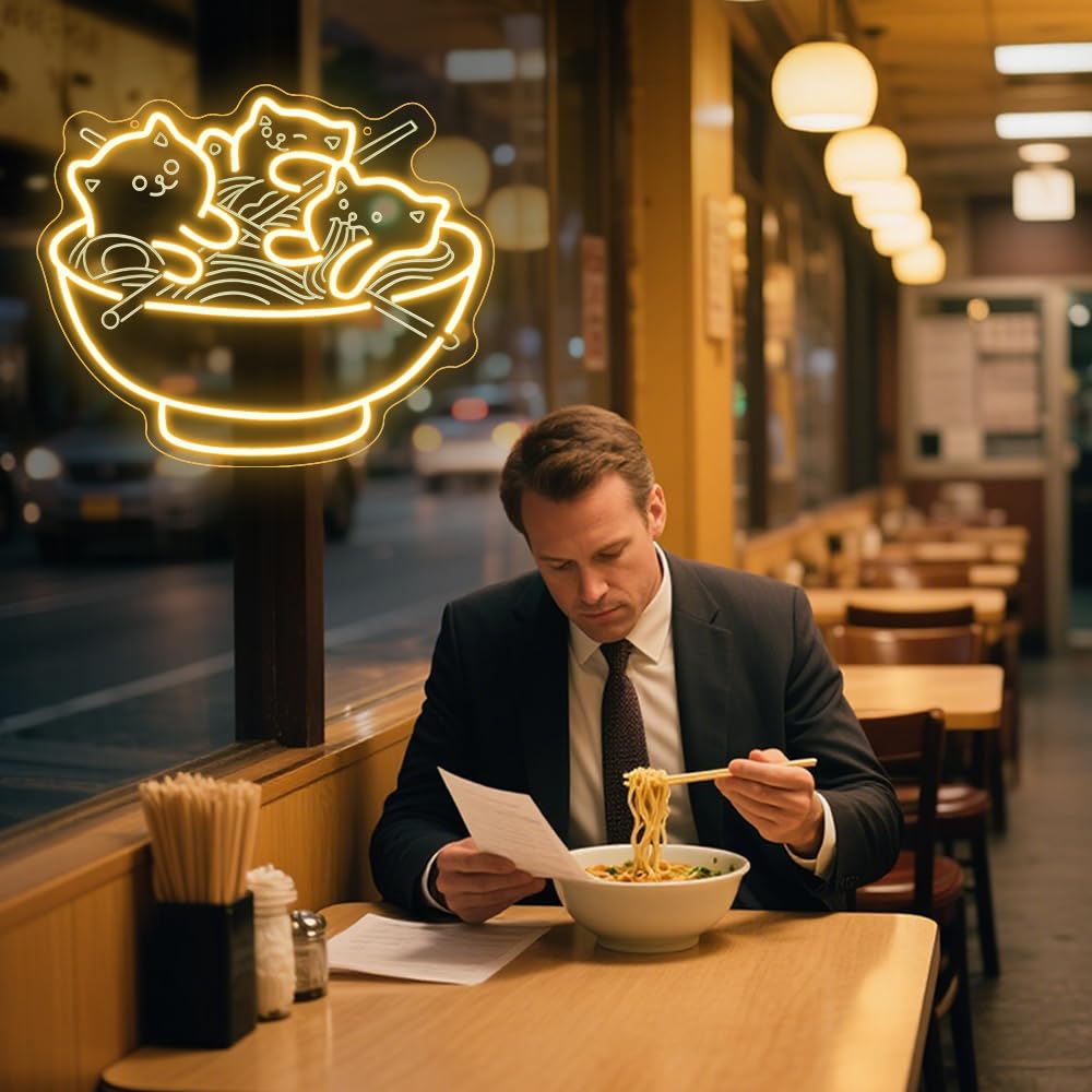 Światła LED z motywem kota, ramen, kawaii, anime, podświetlany znak do restauracji, domu, baru, kuchni, sypialni, japońskiego sklepu, makaronu, ściemniany, neonowy, prezent dla miłośników kotów