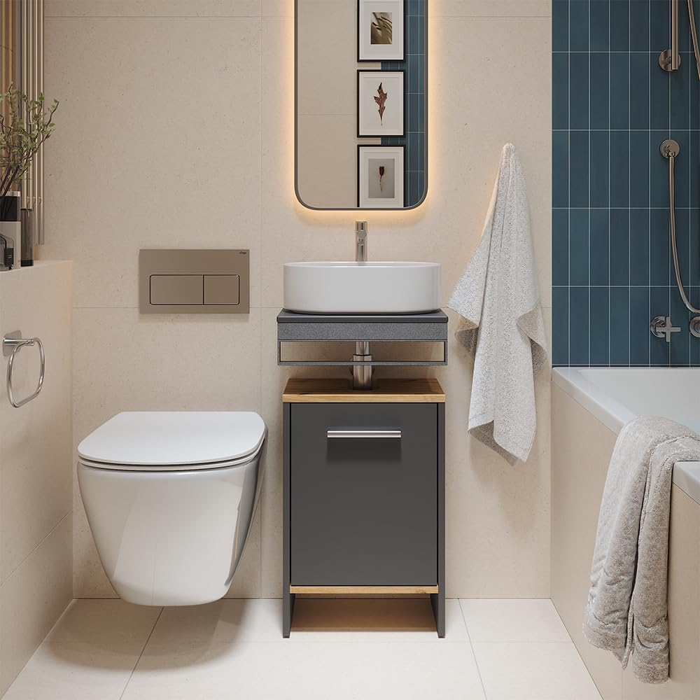 Vicco Mobile sottolavabo per bagno Karli Antracite/Rovere dorato 38.2x57 cm | con la porta, adatto per sifoni standard e facile da montare