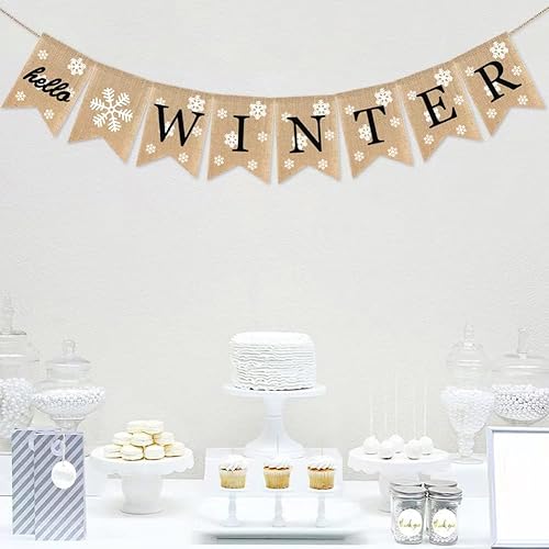 Miniatura 5 de Cartel de yute de arpillera de hola invierno, copo de nieve, mantel de Navidad, chimenea, banderines, decoración de festivales, banderas familiares,