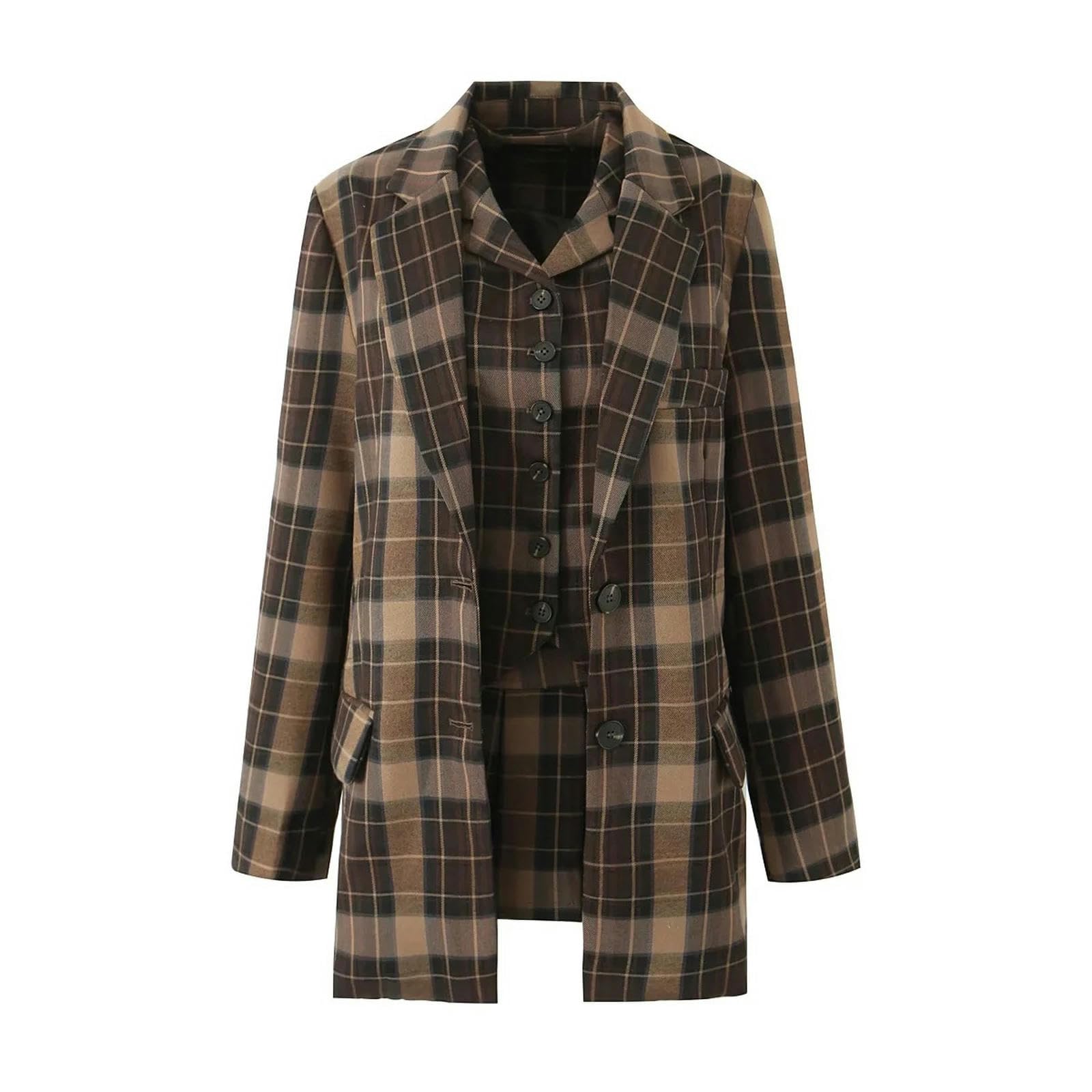 Blazer Trois pièces, Costume d'automne et d'hiver, Chemise, Gilet, Jupe plissée à Carreaux