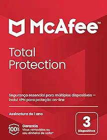 McAfee Total Protection | 3 dispositivos | Software de segurança cibernética inclui antivírus, VPN segura, gerenciador de senhas, monitoramento da Dark Web | Cartão-chave