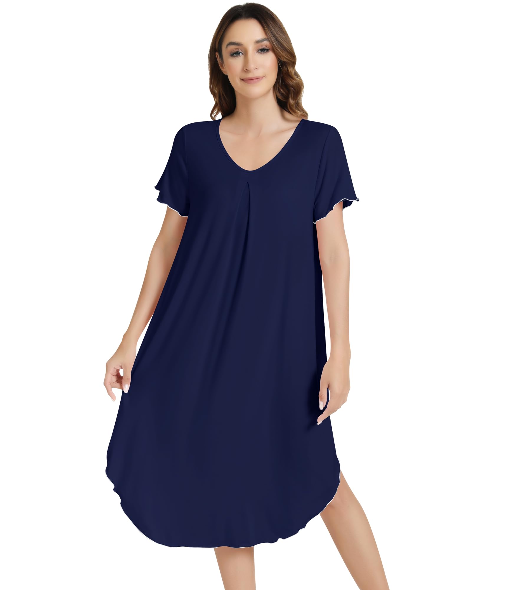 NACHILA Bamboo Viscose Nightgowns for Women Short Sleeve V Neck Sleepwear | Calf Length Nightgowns, Tagless V-Neck Sleepshirt, Pleated Chest Design, Comfortable Short Sleeves, Loose Fit