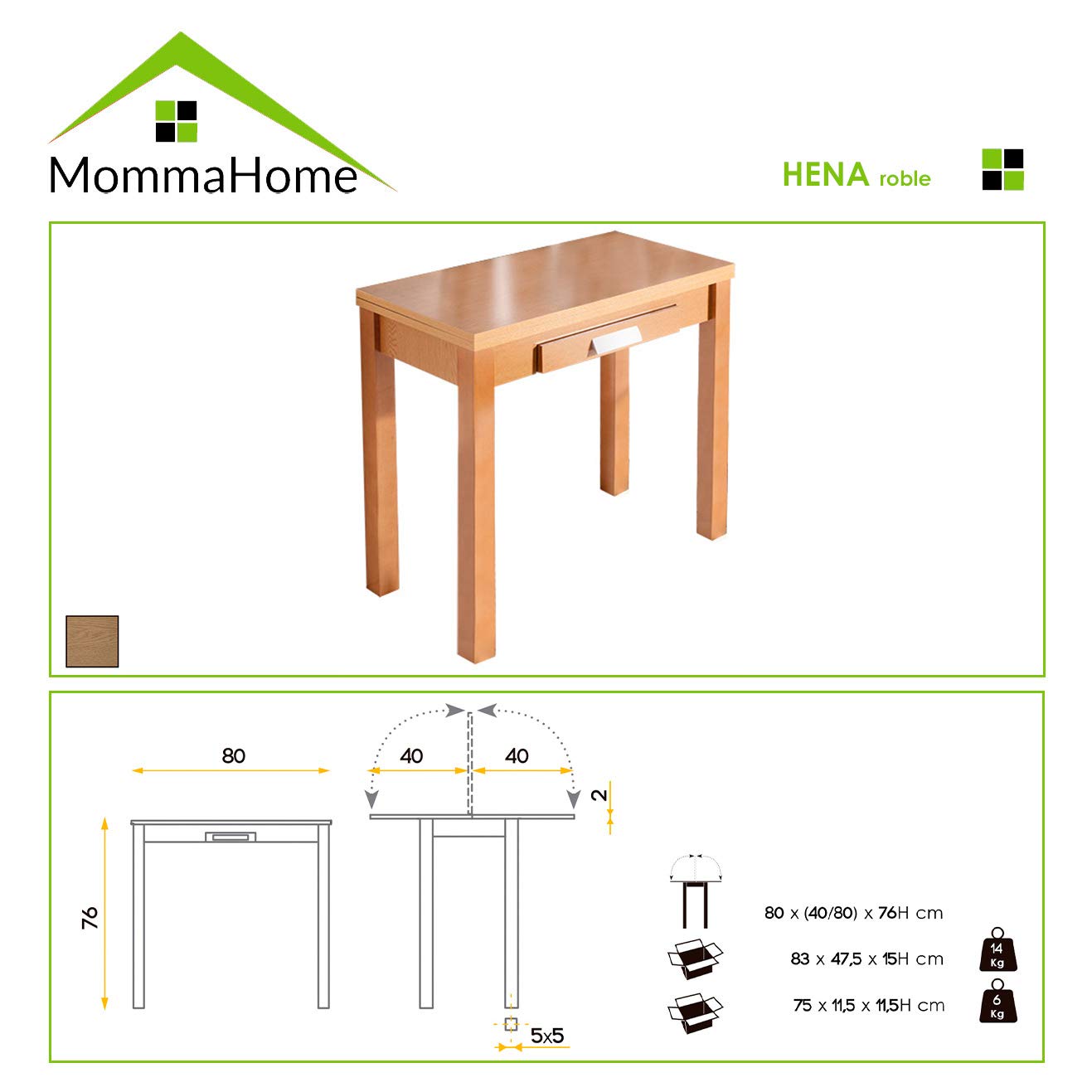 MOMMA HOME Mesa de Cocina - Modelo HENA - Color Roble/Roble - Material MDF/Madera - Medidas 80 x 40/80 x 76 cm