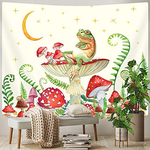 Goaok Mushroom Tapestry Forg Cottagecore Wall Tapestry Cute Forg Cottagecore Moon Stars Aesthetic Tapestry For Bedroom 70S 60S Botanical Plant Witchy For College Dorm Poster Blanket 60"X40" Black #TOP2