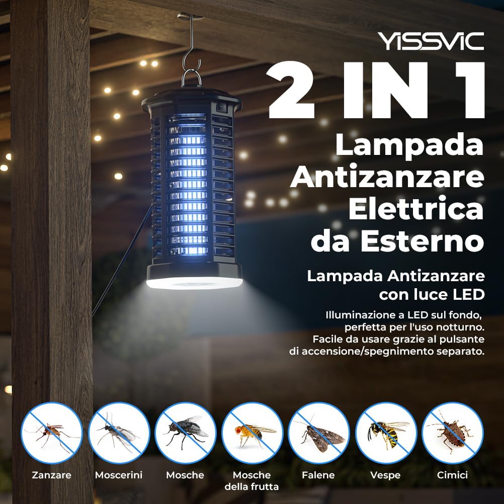 YISSVIC Lampada Antizanzare Elettrica 4200V Trappola per Zanzare UV con Luce LED, Impermeabile IPX4 per Interno ed Esterno, con Gancio e Spazzola per Pulizia