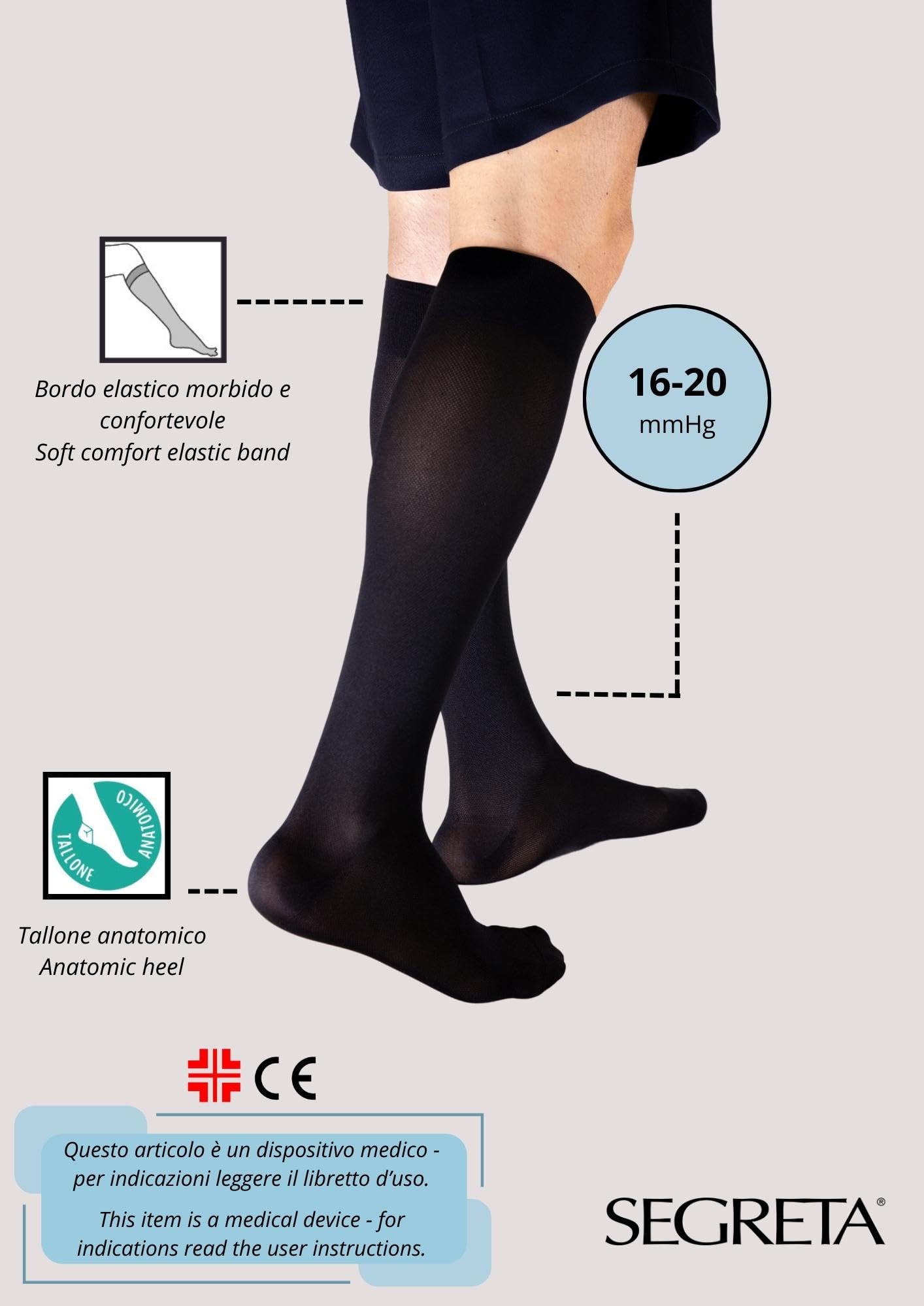 SEGRETA 00225 – Calze Compressione Graduata Uomo, Gambaletti Elastici, Leggeri, Lunghi 16-20 mmHg