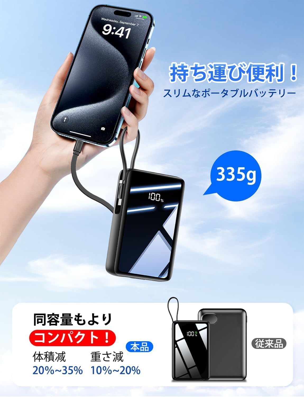 Amazon | 【ケーブルの持ち運び不要】モバイルバッテリー 22000mAh 大