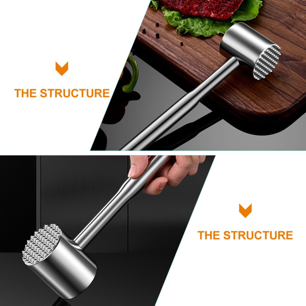 Edelstahl Fleischklopfer mit Zweifacher Oberfläche Lebensmittelecht für Zartes Steak und Geflügel Küchenwerkzeug für Haushalt und Gastronomie