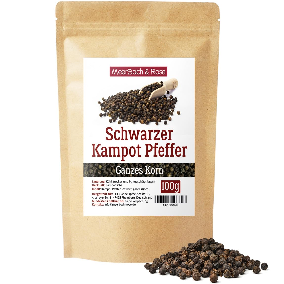 Kampot Pfeffer schwarz 100g, feinster schwarzer Kampot Pfeffer aus Kambodscha, schwarzer Pfeffer, ganze Pfefferkörner für die Pfeffermühle