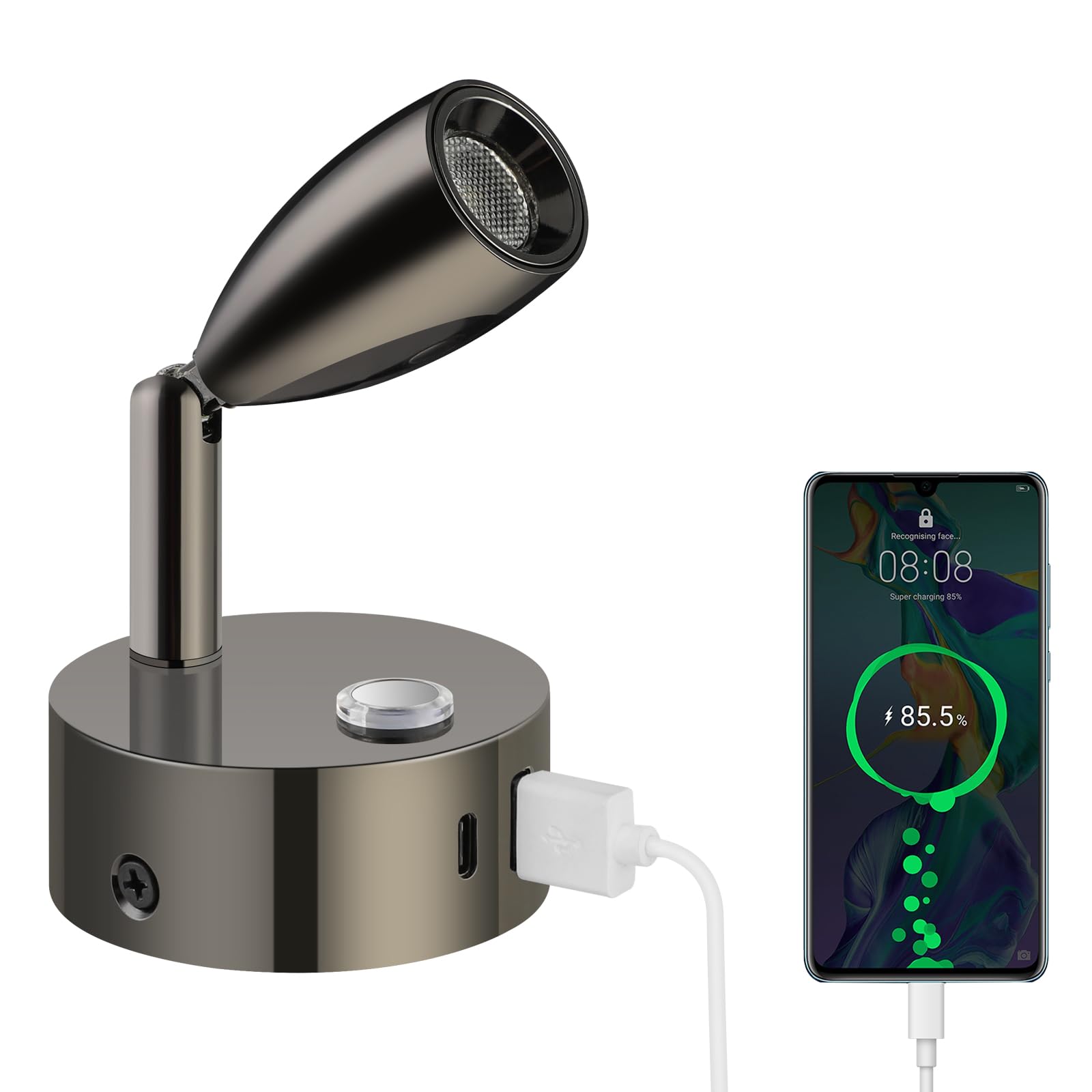 ERWEY LED Leselampe 12V Wohnmobil Touch Dimmbar 3 Farbtemperatur Modi, Wandlampe mit Ladefunktion USB A+C-Anschlüssen, DC 12V-24V Spot für Boot Auto Camper Van Yacht Wohnwagen, Glanz Schwarz