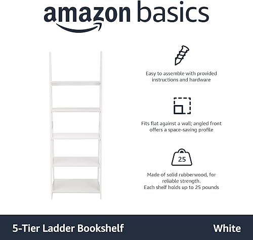 Miniatura 16 de Amazon Basics Organizador de estantería de escalera, marco de madera de goma maciza, acabado espresso, 5 estantes, 14 pulgadas de profundidad x 24.8