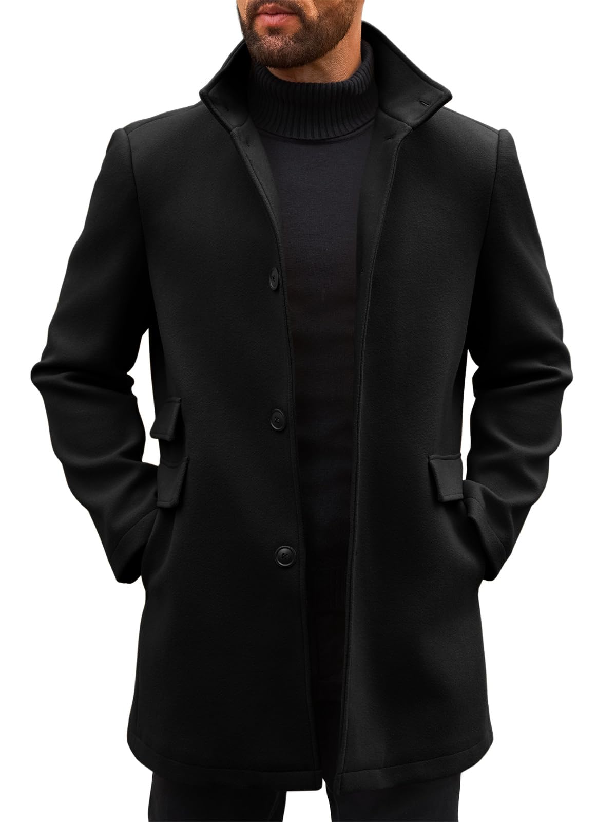 Runcati Mens Pea Coats Single Breasted Stand Collar Casual Slim Fit Trench Coat Mid Long Winter Overcoat with