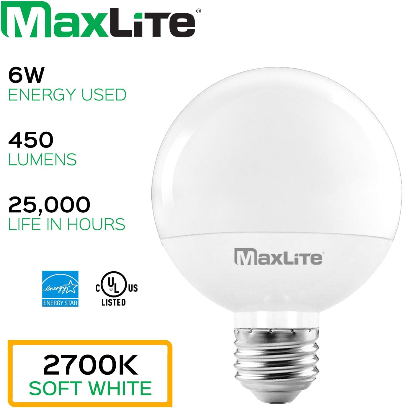 Maxlite G25 LED Globe Light Bulbs, 40W Equivalent, 450 Lumens, Makeup Vanity Light Bulb, Dimmable, Energy Star, UL Listed, E26 Medium Base, 2700K Soft White, 6-Pack