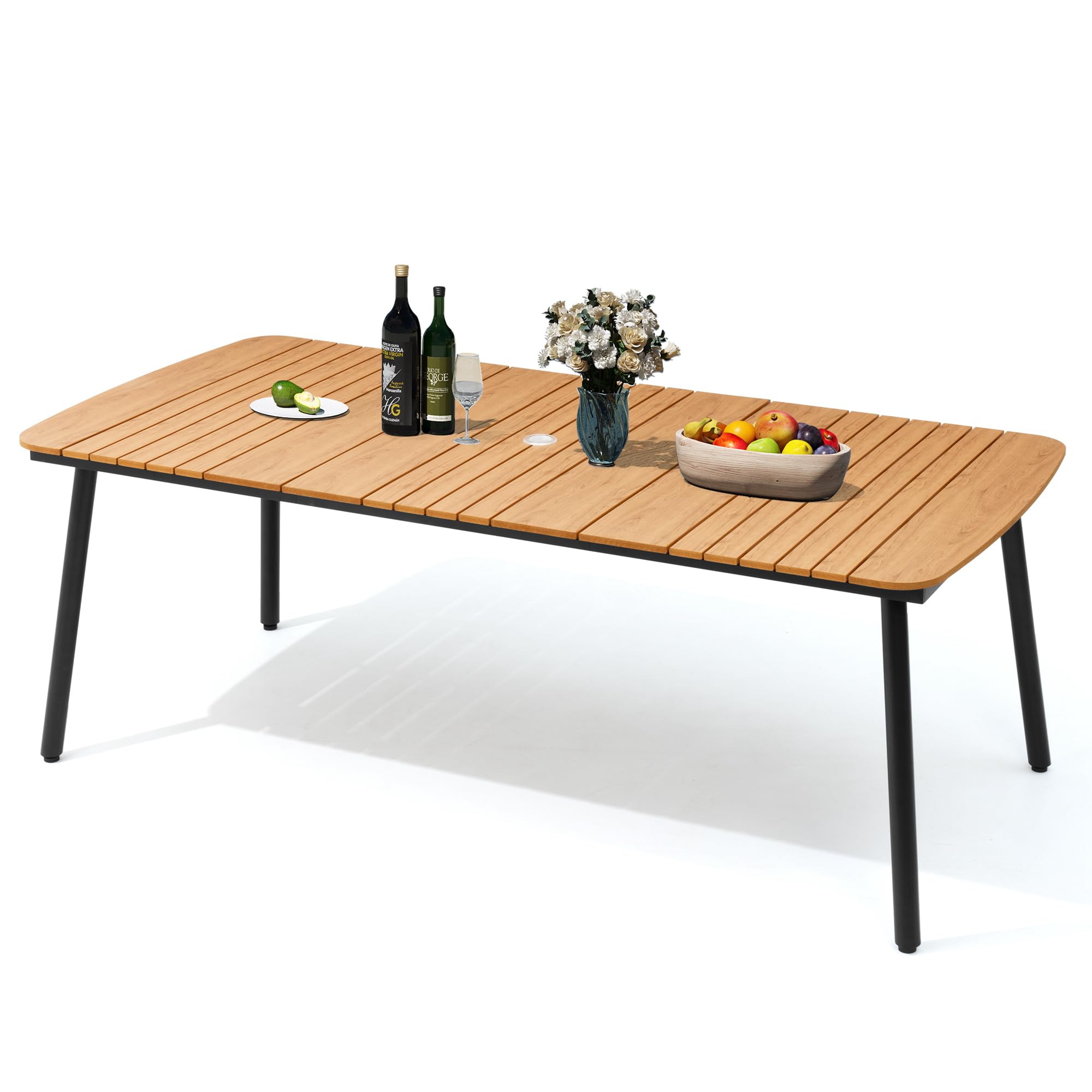PATIOHIT Brown Outdoor Dining Table 82" Patio Table with Umbrella Hole for 8-10 Rectangle Dining Table with Aluminum Frame and Waterproof Wood-Like