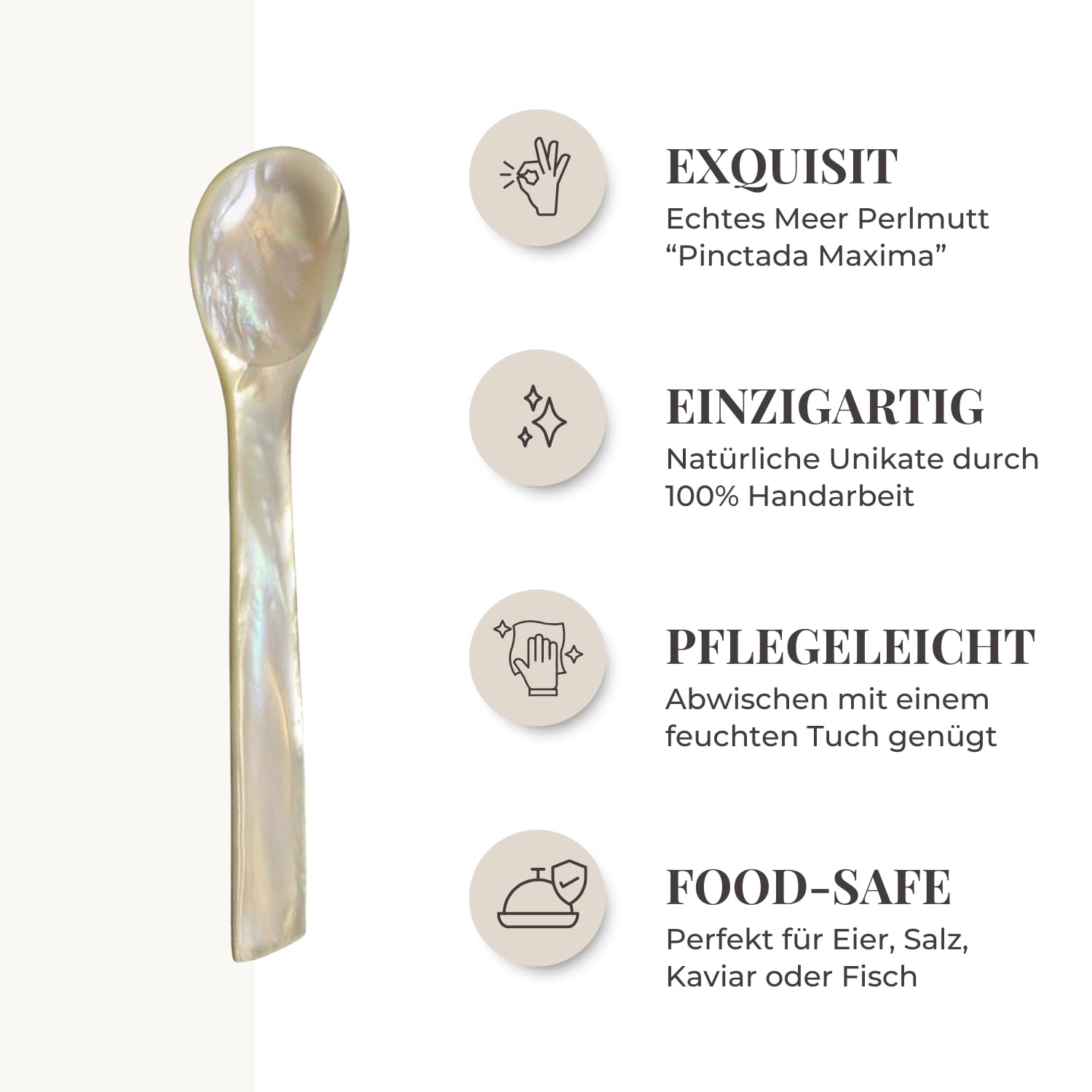 EDZARD 4er Set Eierlöffel (L11 cm) echtes Meer-Perlmutt (Pinctada maxima), Handarbeit, 100% Naturprodukt, eckiger Griff, edle Geschenkverpackung, Perlmuttlöffel für Ei und Kaviar