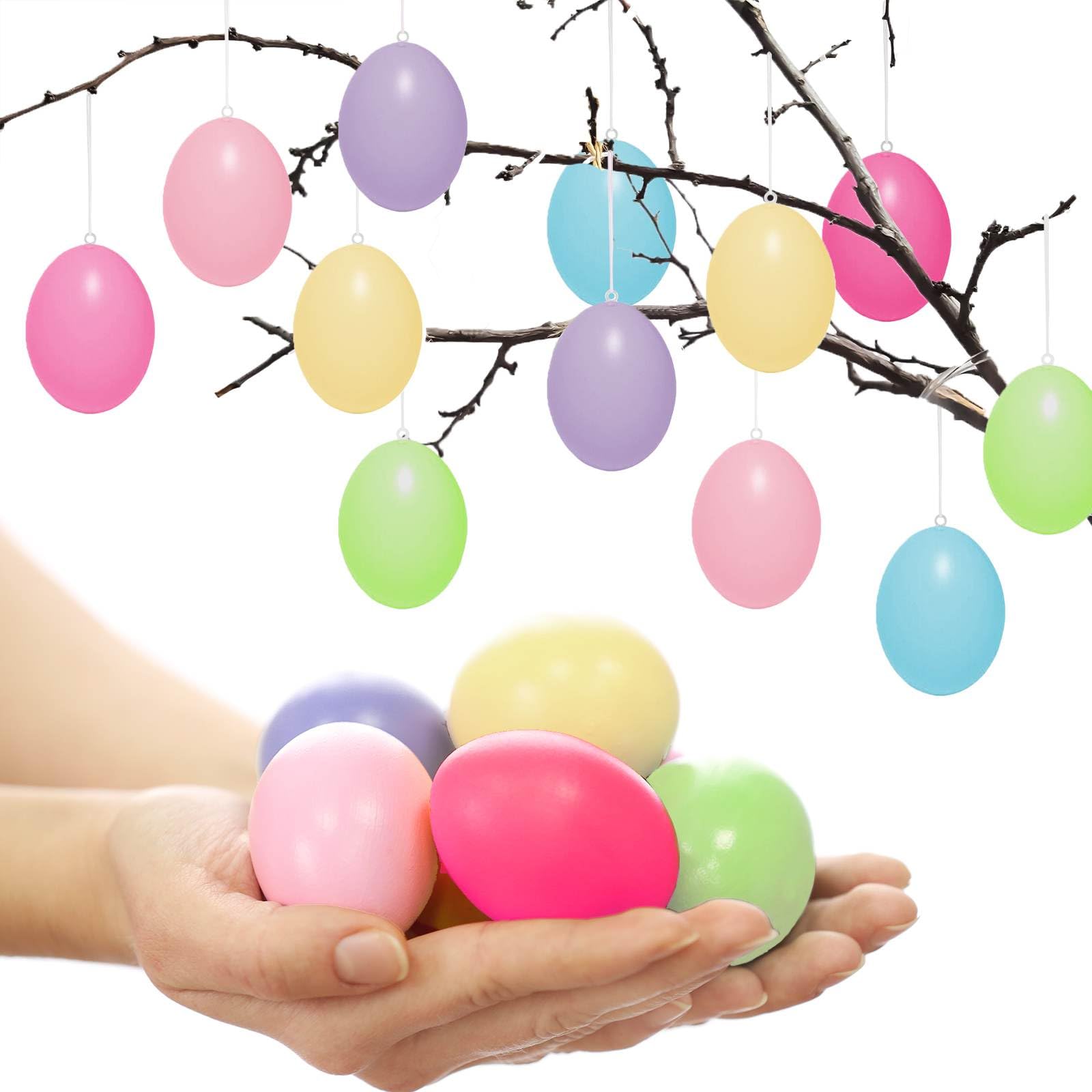 24x Ostereier zum Hängen Bunt | Bunte Plastik Ostern Eier in schönen Pastellfarben aus Kunststoff 6 x 4cm | Plastikeier zum Aufhängen & Dekorieren Kunststoffeier für draußen und innen Osterdeko Deko