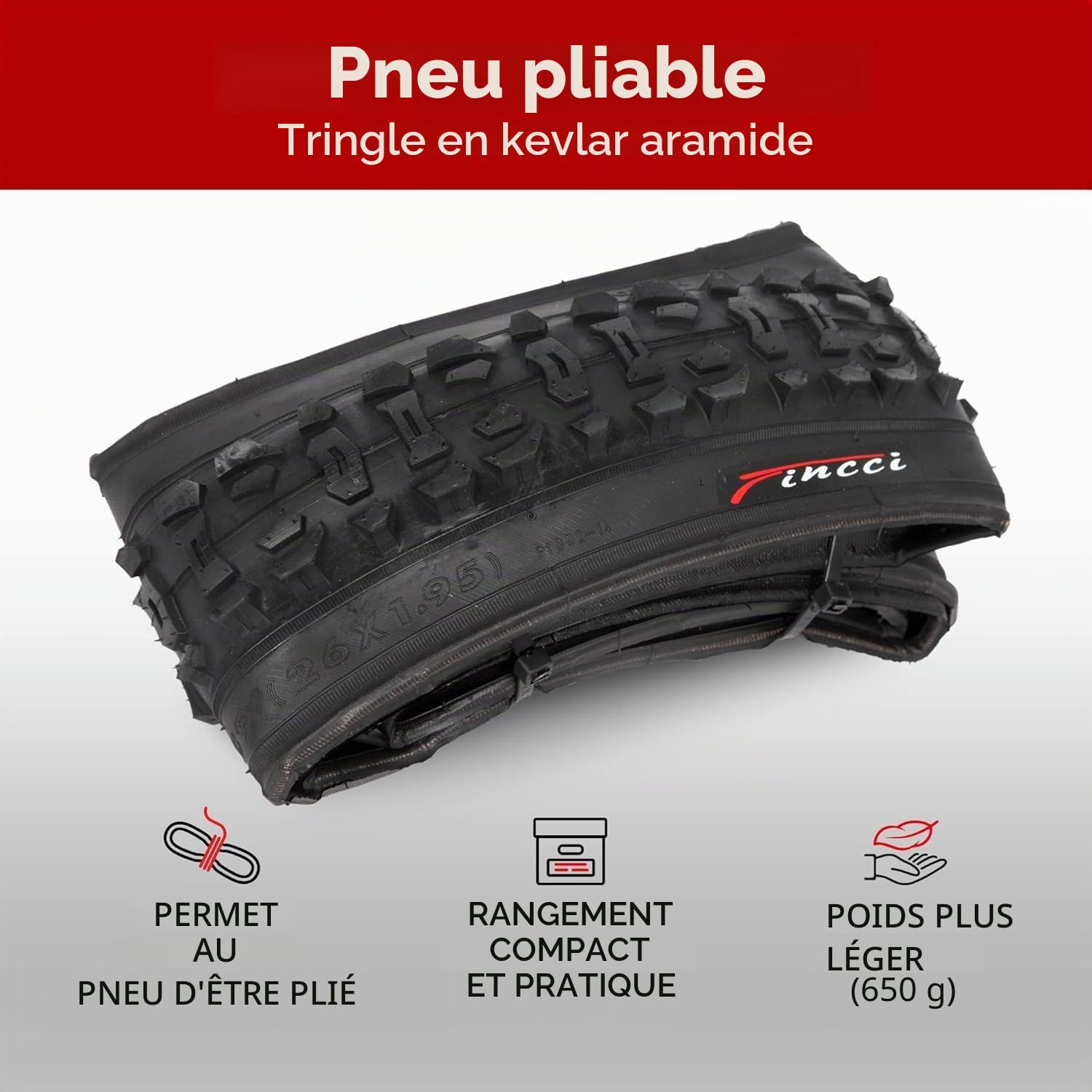 Fincci Pneu VTT 26 Pouces - Pliable Pneus 26 x 1.95 Pouces 50-559 60 TPI, Tire Velo pour VTT Montagne Vélo, Hybrid Adulte Velo Electrique Tournée Bicyclette - Paquet de 2 Accessoire VTT