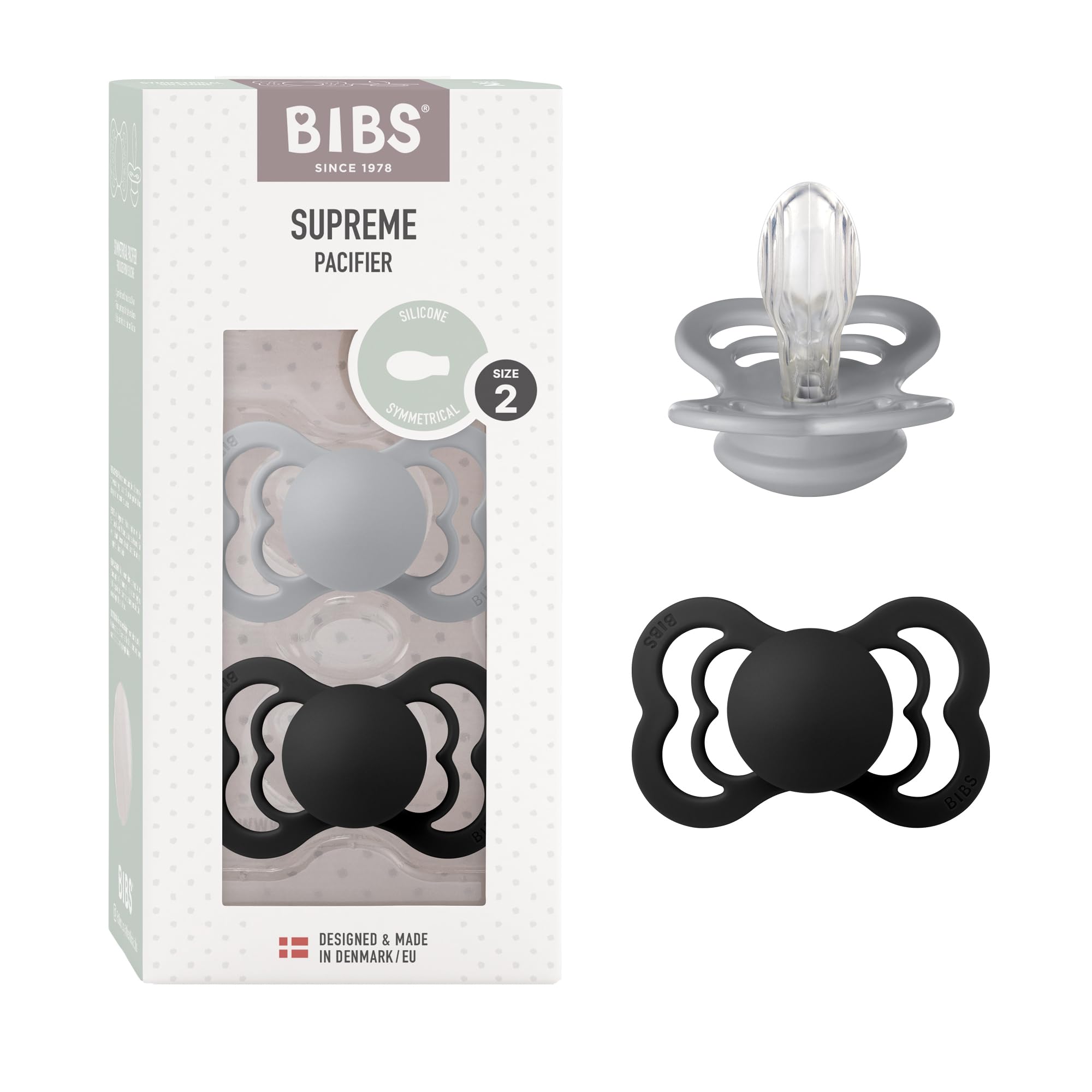 BIBS Supreme Dummies 2-Pack, BPA Free Dummy Pacifier, Silicone Symmetrical Nipple Soother, Size 1 (0-6 Months), Cloud/Steel Blue — view 14