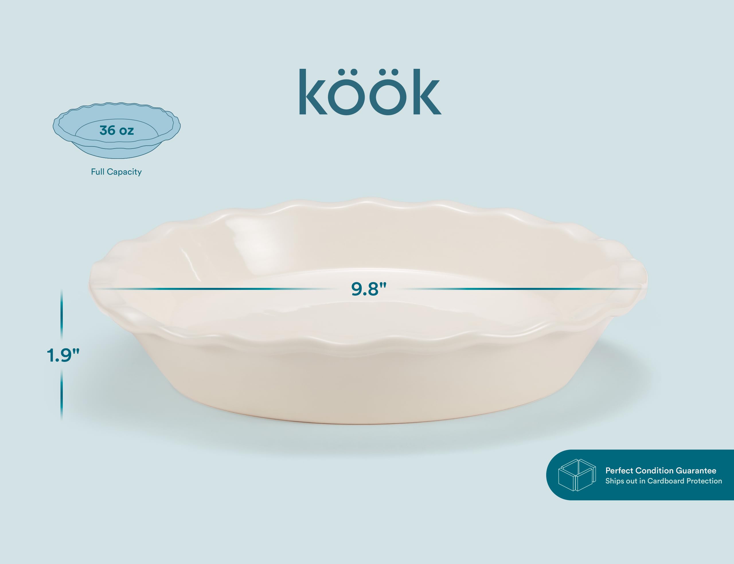 KooK Kuchenform, Keramik, wiederverwendbar, rund, Quiche-Backform, tief, Wellenkante, für Kuchen, Torten, Aufläufe, Torten, Mikrowelle, Backofen und Spülmaschine, 22,9 cm, 1020 ml, elfenbeinfarben, 2