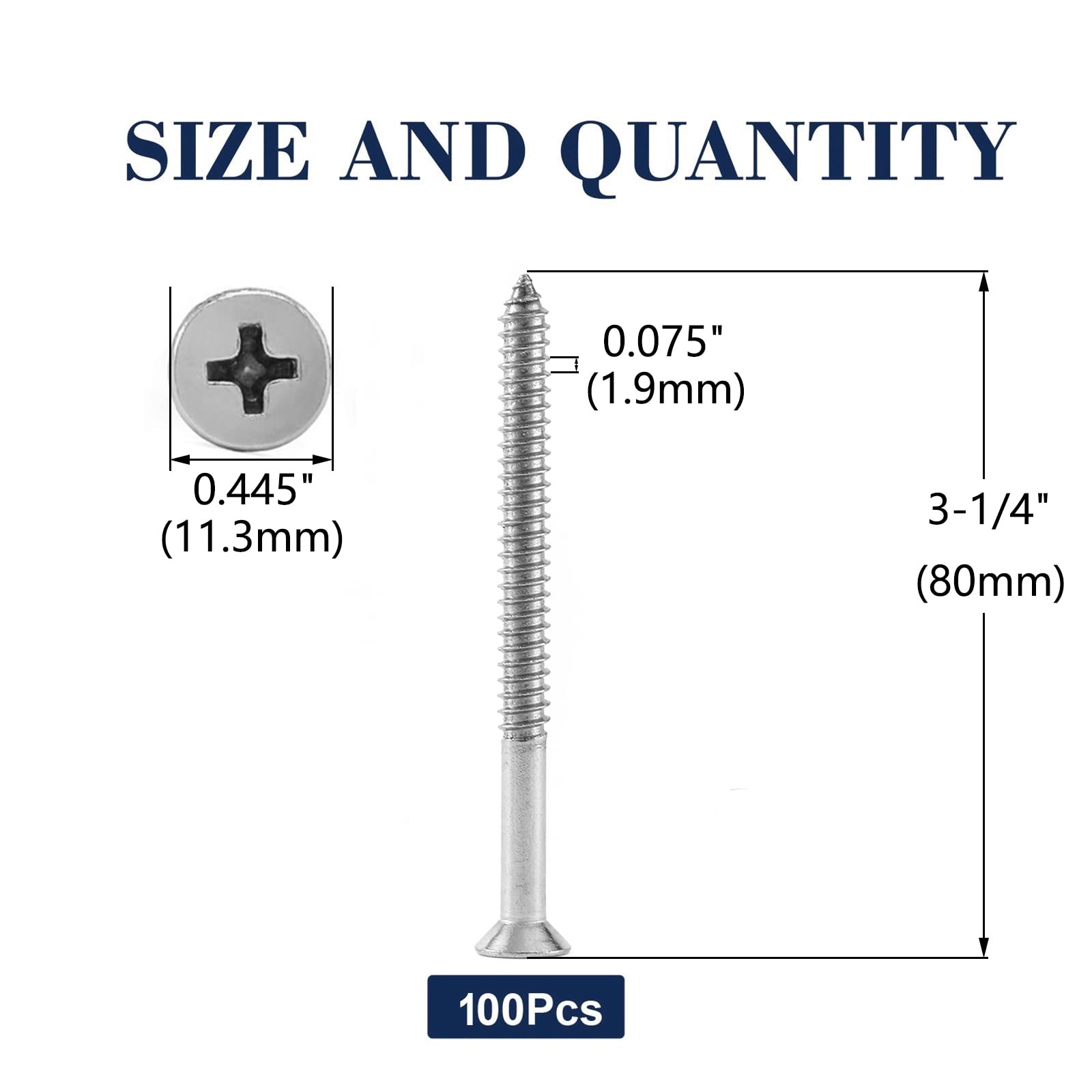 Lot de 100 vis à bois autotaraudeuses rapides en acier inoxydable 18-8 (304) - Tête plate cruciforme - 7,9 cm