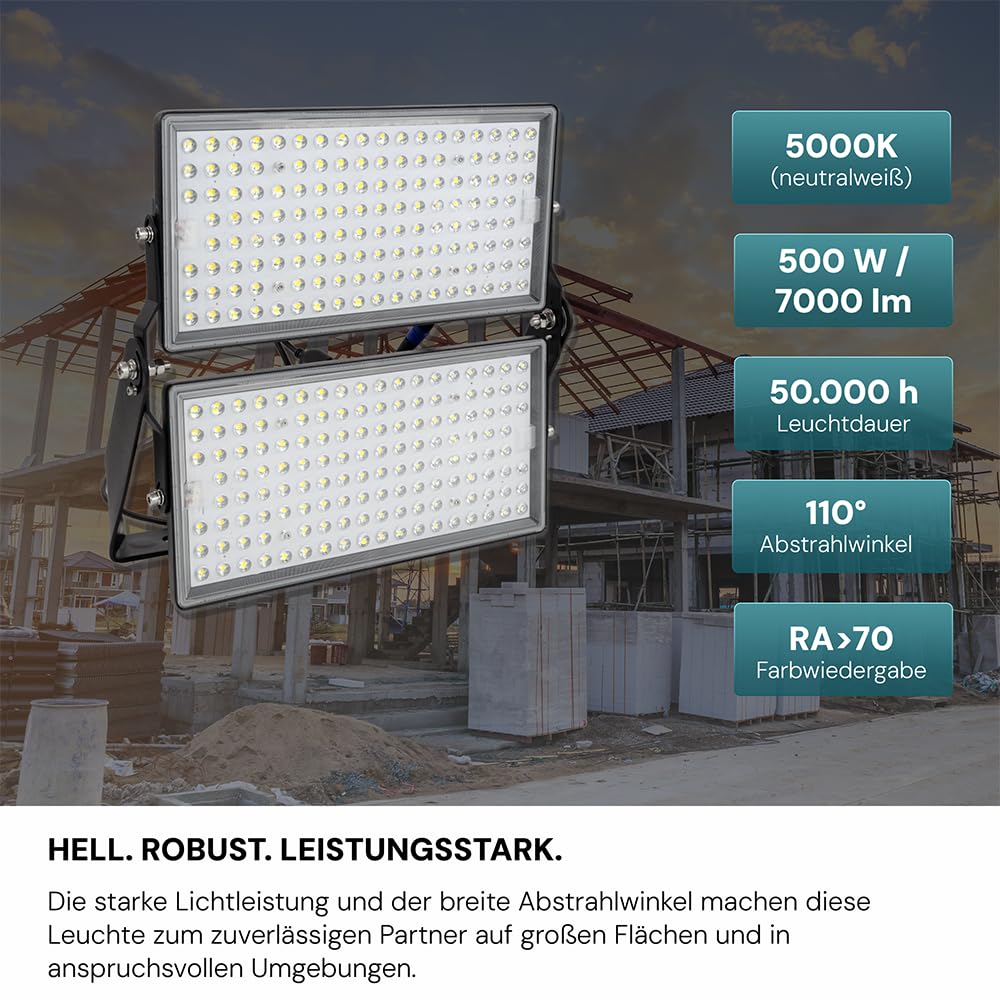 LUXULA LED Strahler Außen 500W 5000K Neutralweiß - 70.000lm extrem hell - IP65 Aussenbeleuchtung Wand Baustrahler Flutlicht für Baustelle, Sportplatz, Industrie, Gewerbe