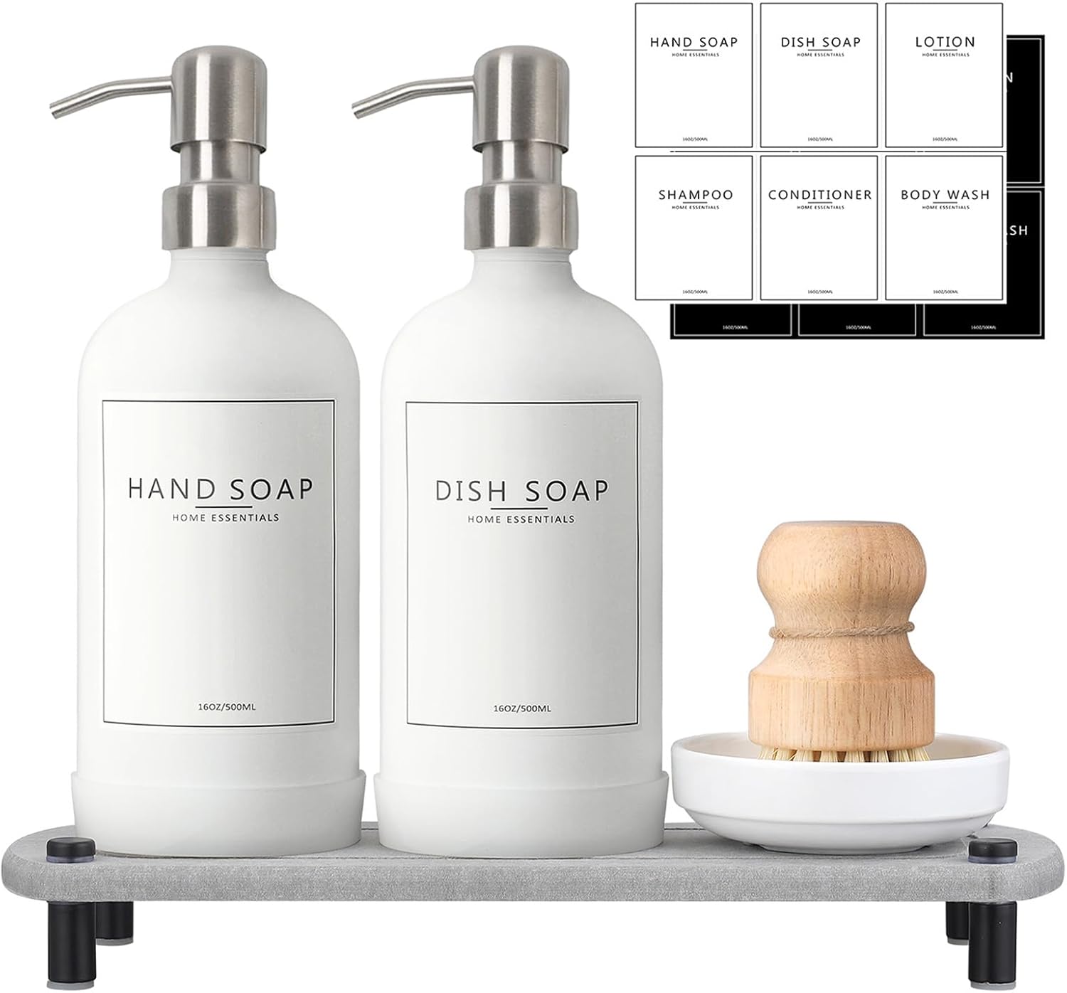 Kitchen Soap Dispenser Set with Instant Dry Tray,16 Oz Hand and Dish Soap White Glass Dispenser Set,Stainless Steel Pump,Waterproof Labels&Dish Brush,Luxury Soap Bottle for Kitchen,Bathroom