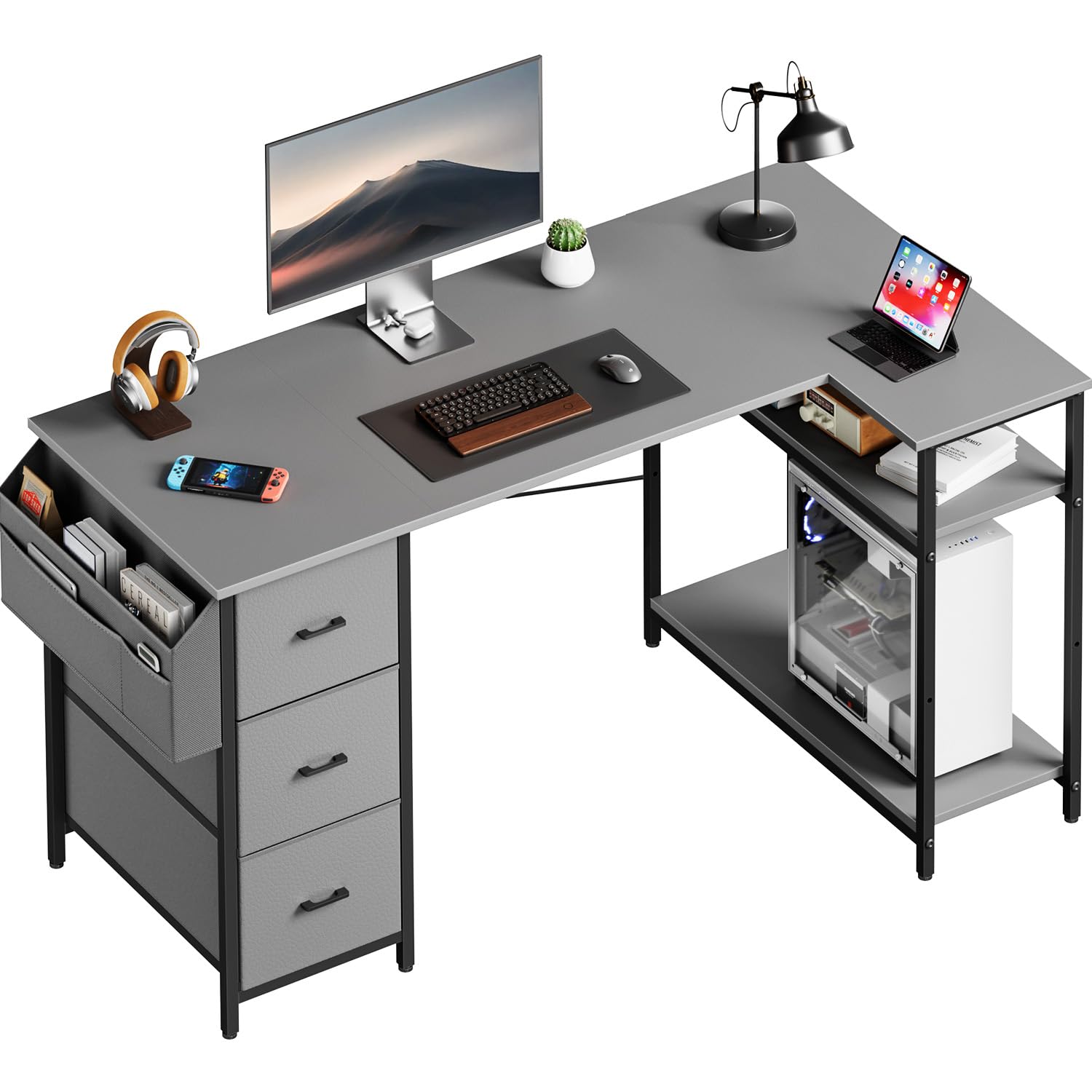HLONONE Eckschreibtisch mit 3 Schubladen, 140 x 78 cm, Grau | Schreibtisch L Form mit Stauraum, Monitorständer und Seitentaschen, Computertisch mit Regal für Büro, Homeoffice