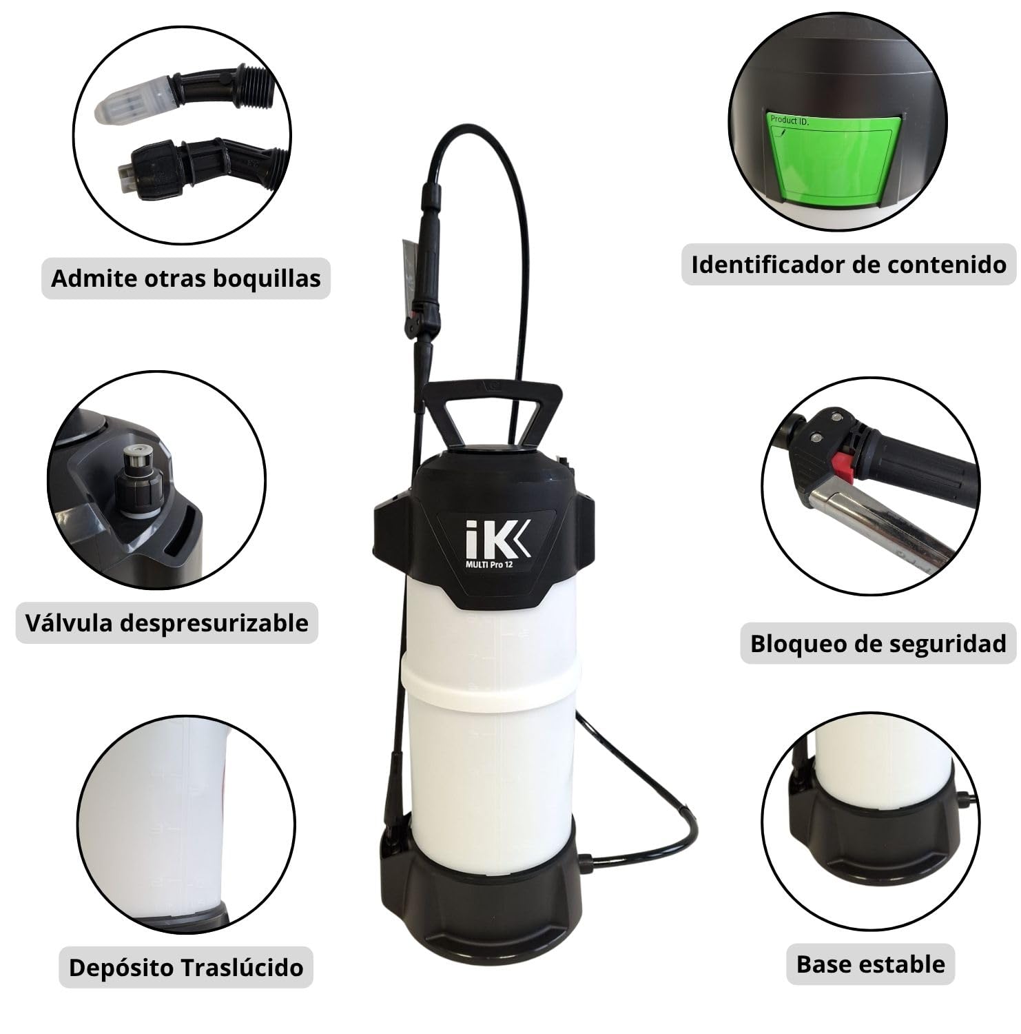 IK Multi Pro 12 Pulverizador Apto para Ácidos 10L- Especialmente Resistente | Apto para Químicos Agresivos - Detailing, Limpieza y Desinfección - Manilla Inox - Manguera 1,5m - Lanza Fibra de Vidrio 47cm