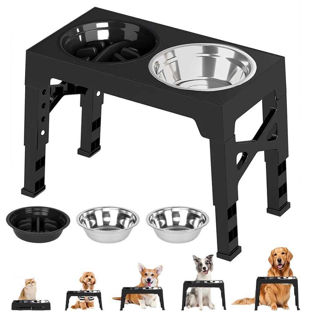Raised Dog Bowl Stand 5 Heights Adjustable with Slow Feeder Bowl for Pets