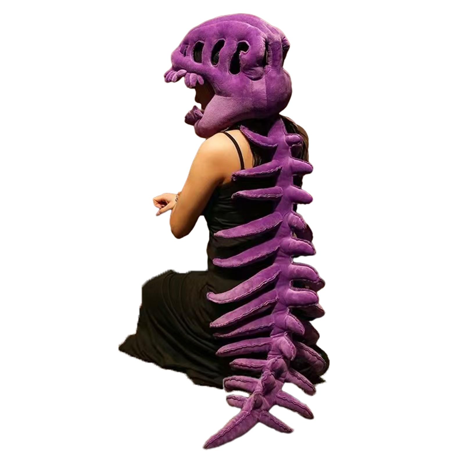 3D Plush Dinosaur Skeleton Costume,Halloween Cosplay Headpiece with Soft PP Cotton,Spinosaurus Skull & Spine 80/120cm Sizes Dress-Up Play Realistic Wearable Dino Outfit for Everyone Purple 80 cm