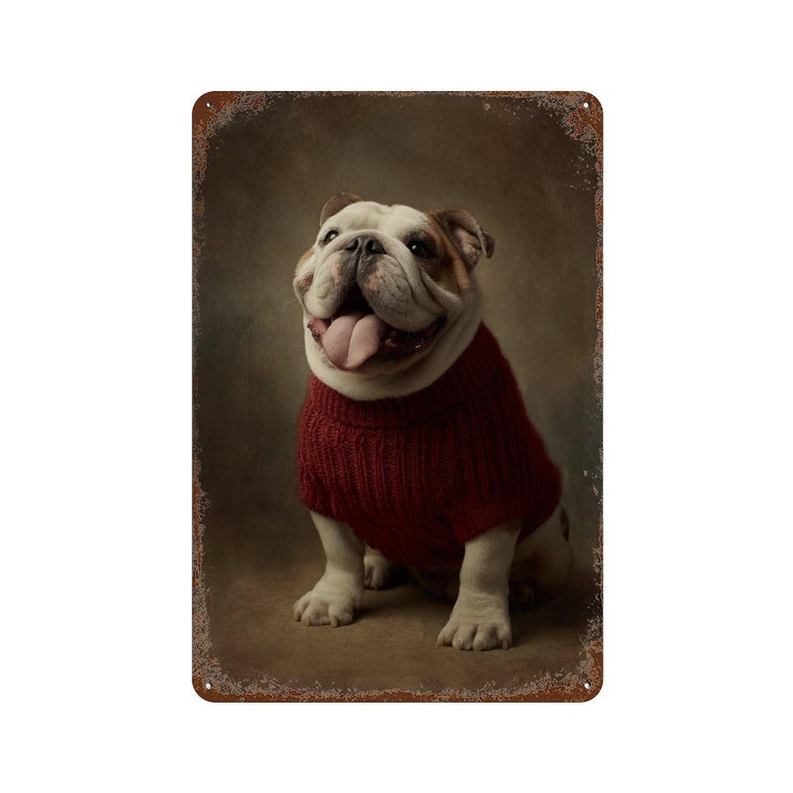 Bulldog in Red Sweater Decorative Tin Sign 11.8"x7.9", Shabby Chic Decor for Garage, Pub Or Kitchen
