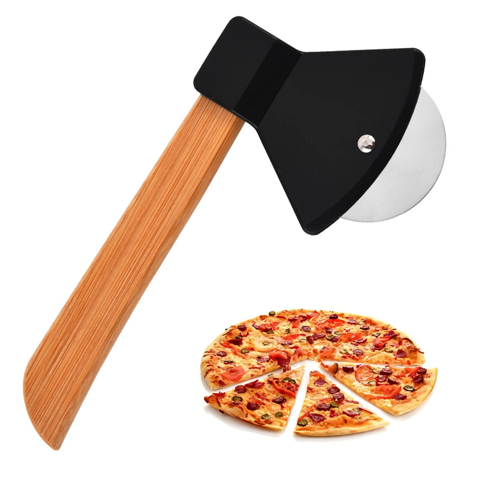 Pizza Cutter, Axe Pizza Cutter, Stainless Steel Pizza Cutter, Sharp Pizza Cutter, Pizza Cutter with Wooden Handle, Used for Cutting Pizza, Dough (Black)