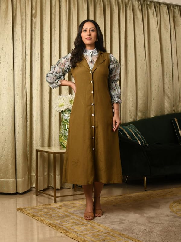Image of Aaheli Women's Cotton Livvy Floral Shirt & Olive Tunic Set