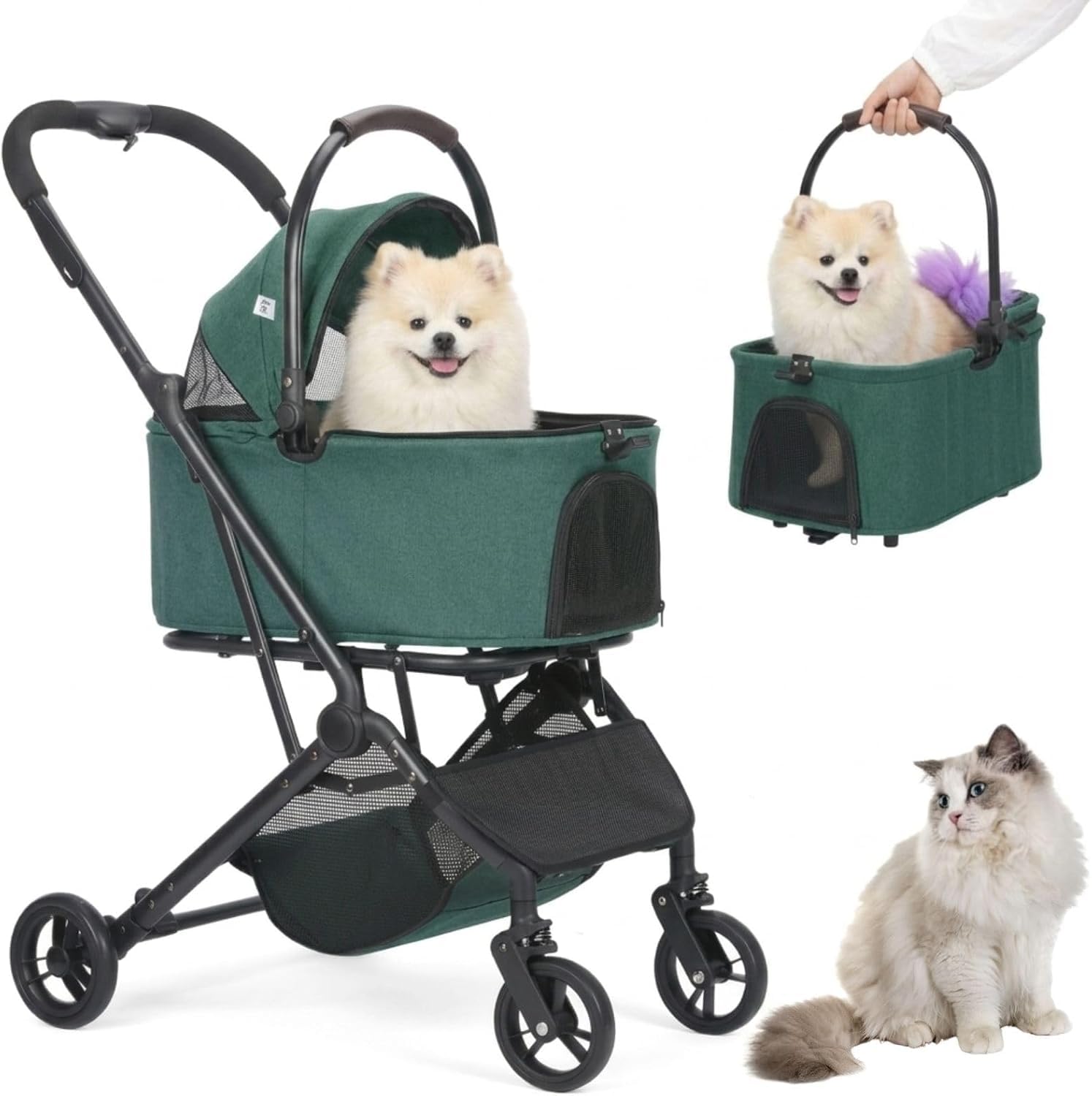 3-in-1 Pet Stroller for Medium Dogs & Cats, Foldable Dog Stroller with Detachable Carrier & Car Seat, Towable Pet Travel Stroller for Pets up to 66 lbs, All-Terrain Dog Buggy (Dark Green-P02C)