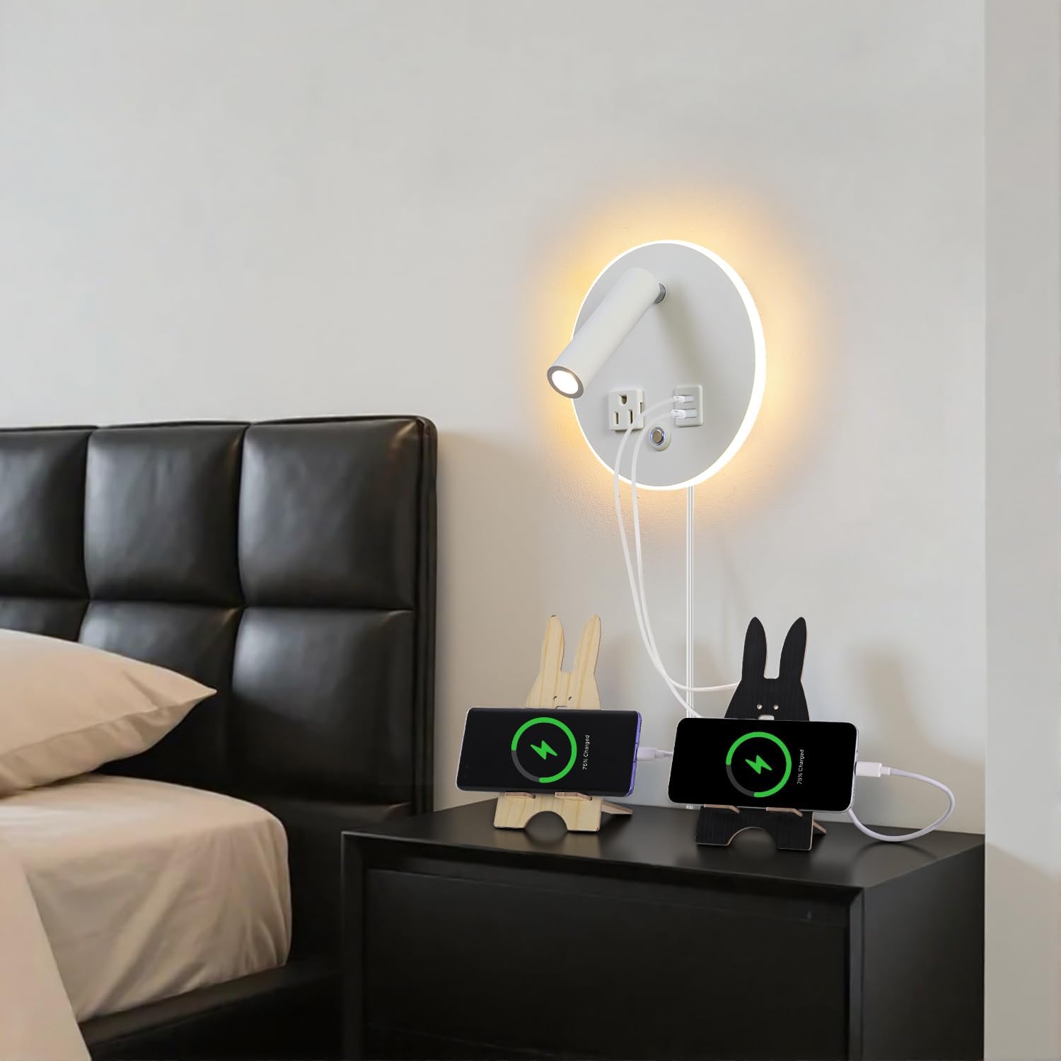 LED Round Wall Lamp Dimming Wall Mounted Reading Lights, Adjustable Headboard Plug in Wall Sconce with USB+USB C Ports, Headboard Bedside Lamp with 6W+3W Night Light 3000K (White)
