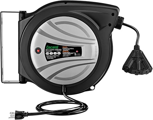 Cecarol Carrete de cable de extensión 14AWG3C SJTOW de 50 pies con triple grifo, 13A125V1625W, tecnología de retracción lenta, disyuntor, indicador