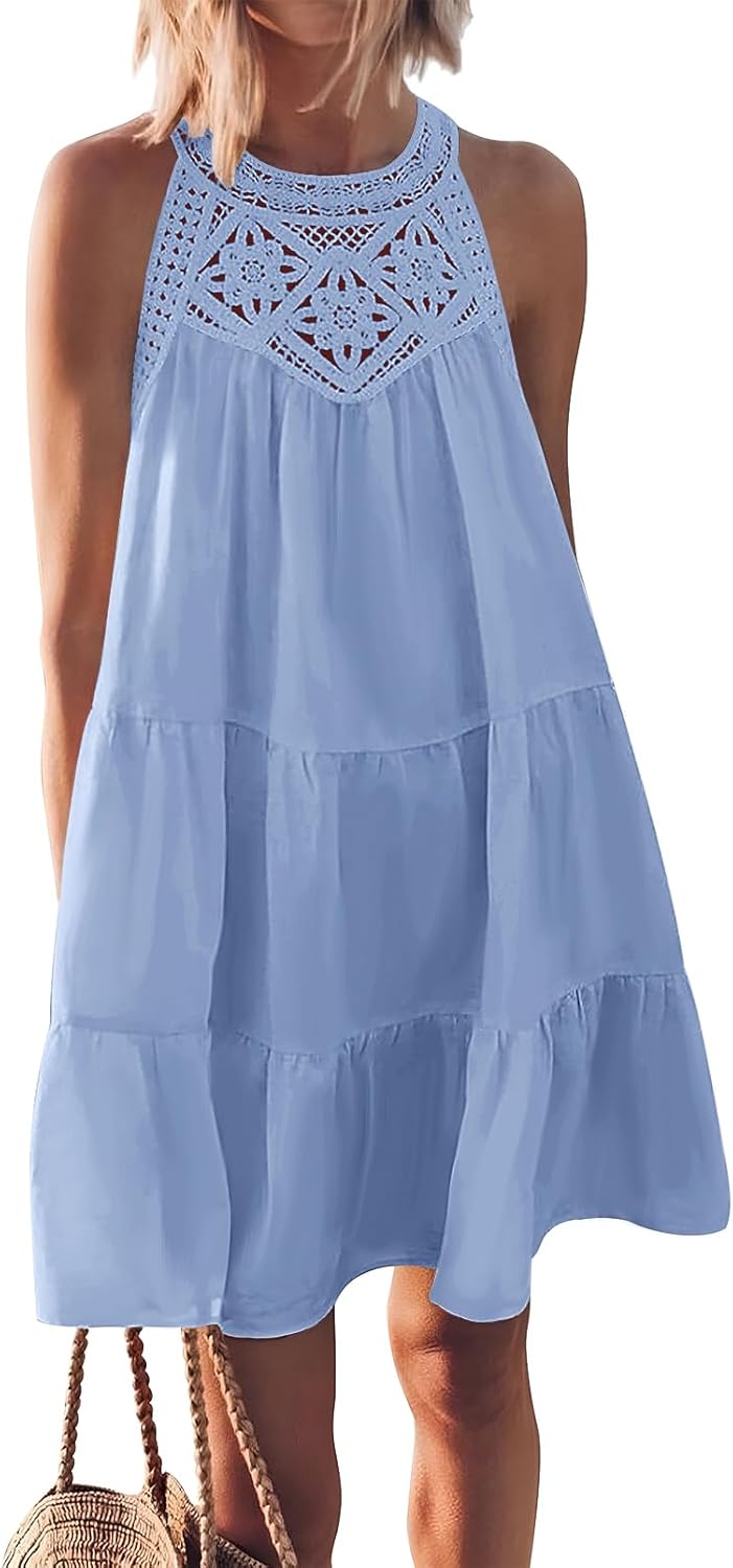 MEROKEETY Women’s 2024 Summer Casual Sleeveless Sundress Halter A Line Tiered Beach Vacation Mini Dresses