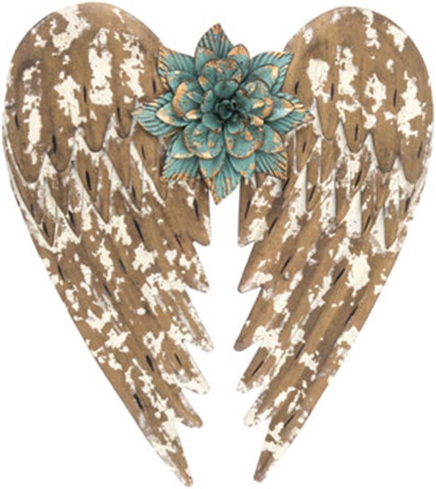 Mission Gallery 14.5" Distressed Gold Metal Angel Wing Wall Art Decor - Antique Hanging Angel Wings Wreath with Turquoise Metal Flower Wall Sculpture