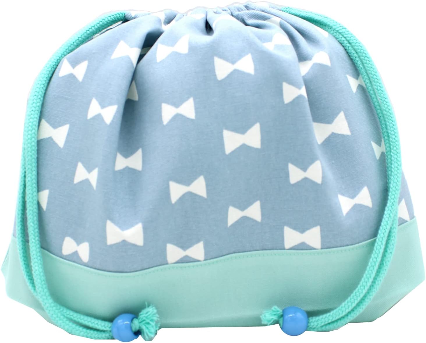 Lunch Bag, Drawstring Bag, Medium, Girls, Lunch Box, Cup Holder, Elementary School, Kindergarten, Nursery School, Made in Japan, Handmade, Simple, Name Tag Included, Gusseted, リボン くすみブルー