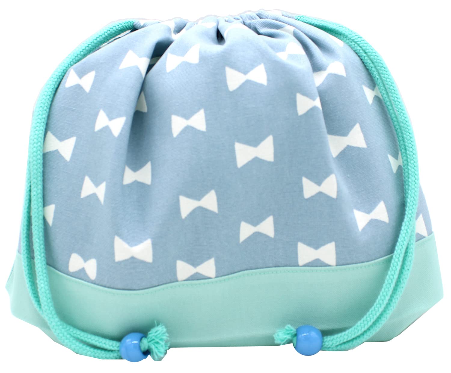 Lunch Bag, Drawstring Bag, Medium, Girls, Lunch Box, Cup Holder, Elementary School, Kindergarten, Nursery School, Made in Japan, Handmade, Simple, Name Tag Included, Gusseted, リボン くすみブルー