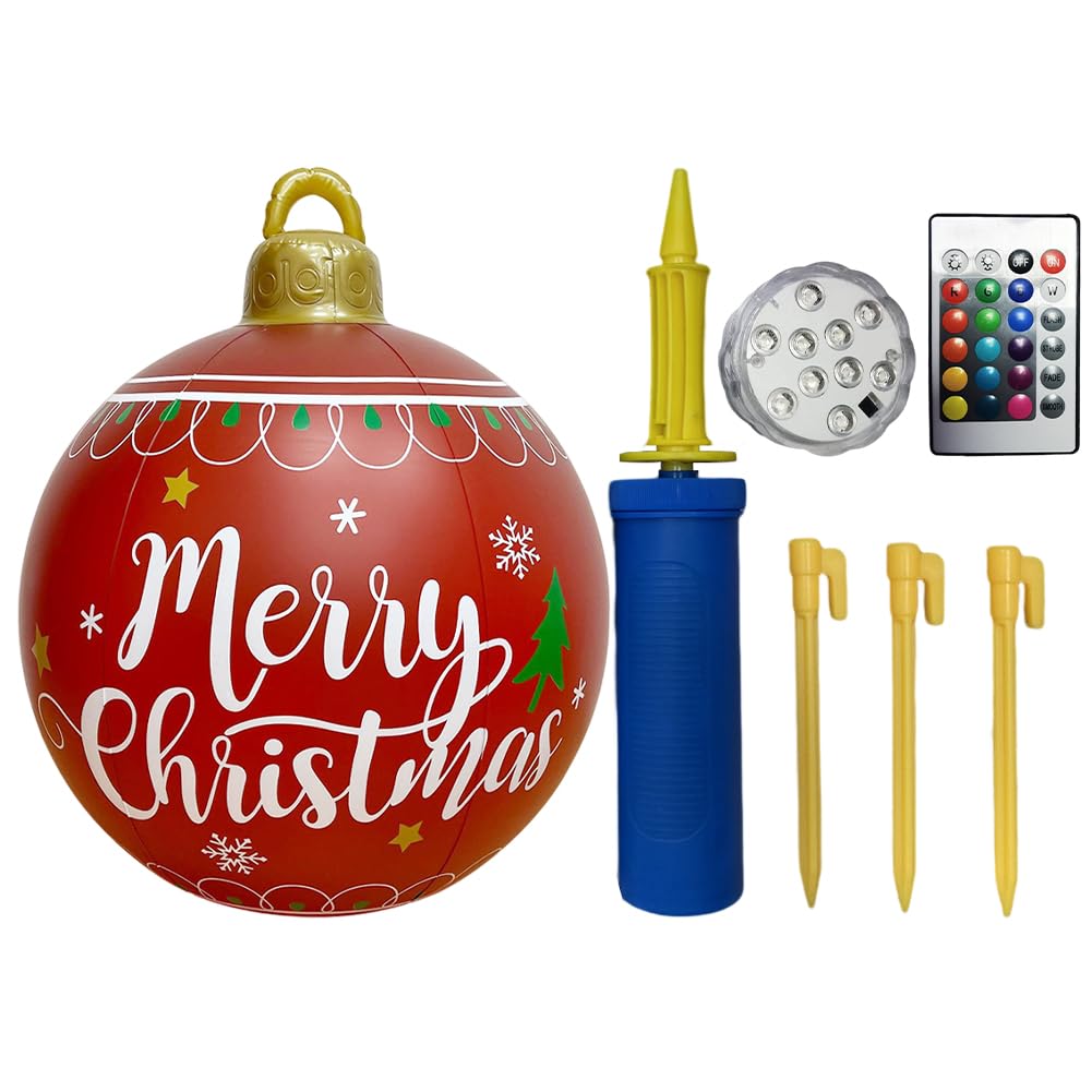 BomKra Light Up PVC Inflatable Christmas Ball,60cm Large Outdoor Inflatable Christmas Decorated Ball with Light,Remote,Stand Firmly on The Yard Holiday Decorations for Xmas Garden Home Patio